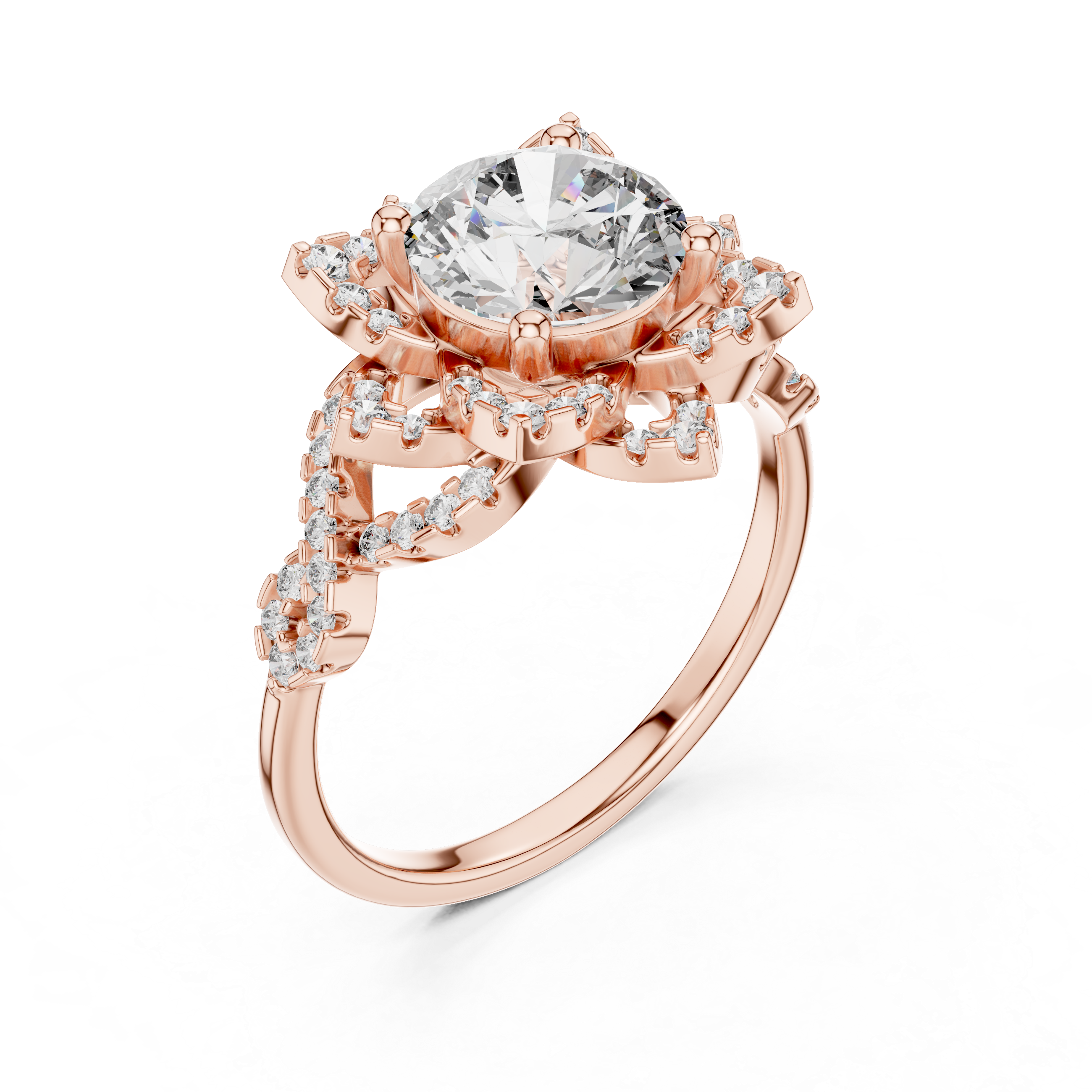 Round Cut Diamond Flower Halo With Infinity Twist Pavé Ring