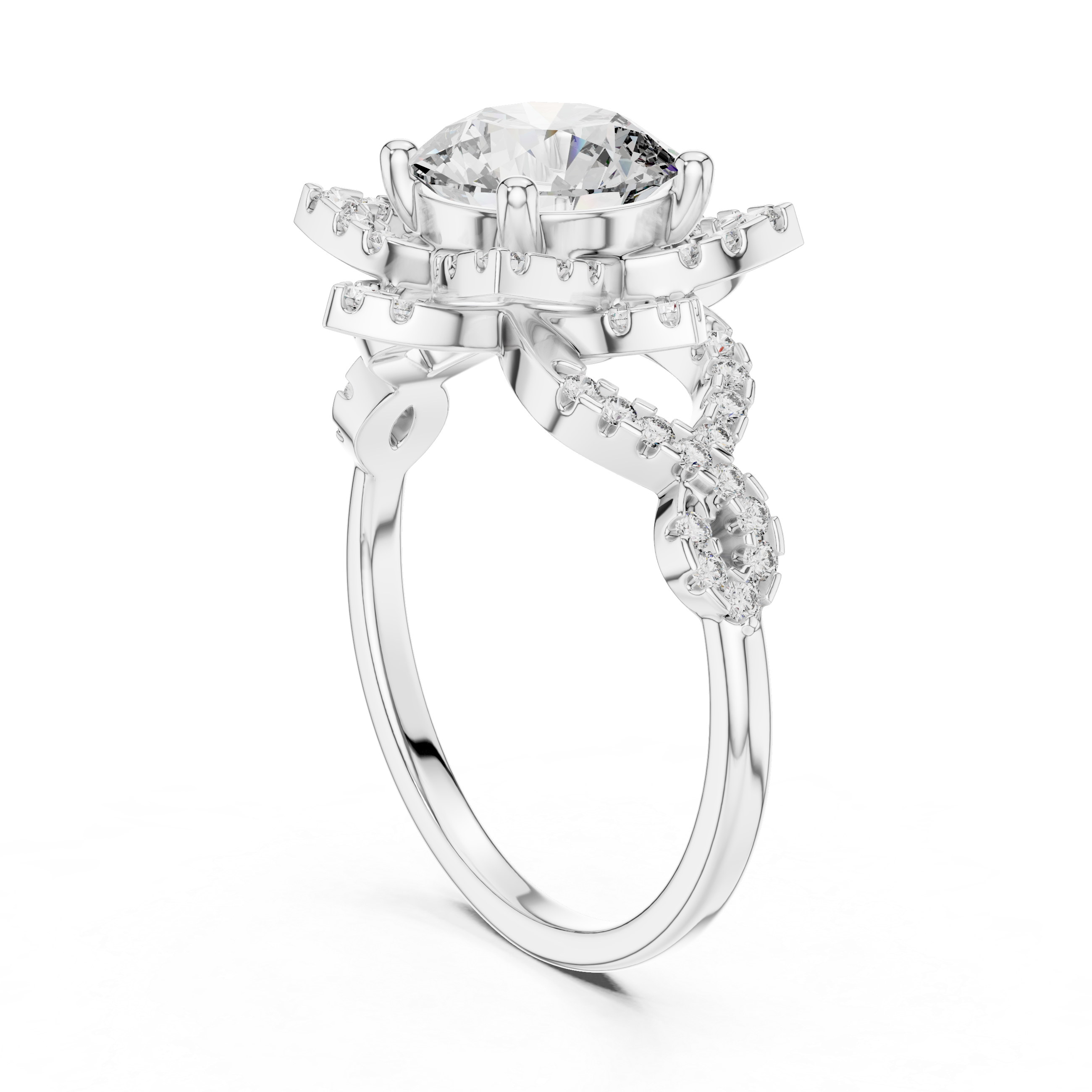 Round Cut Diamond Flower Halo With Infinity Twist Pavé Ring