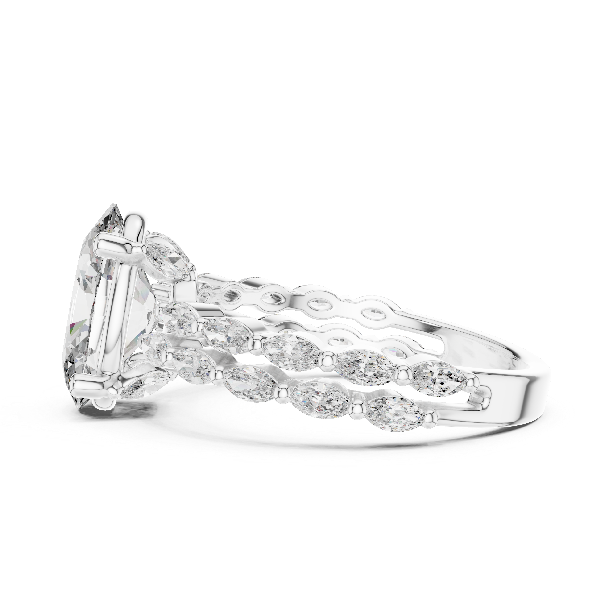 Oval Cut Diamond Ring With Double Row Marquise Band