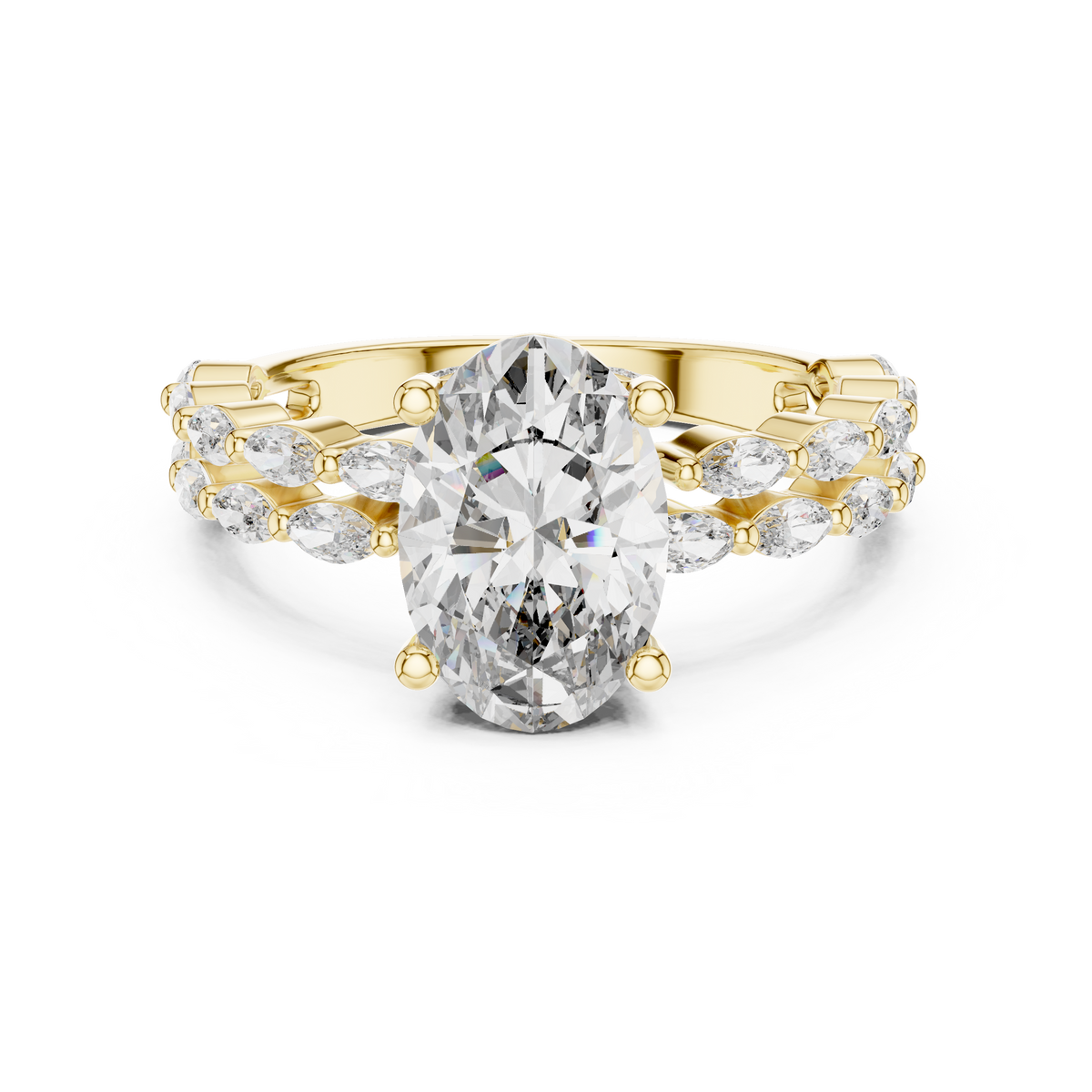 Oval Cut Diamond Ring With Double Row Marquise Band