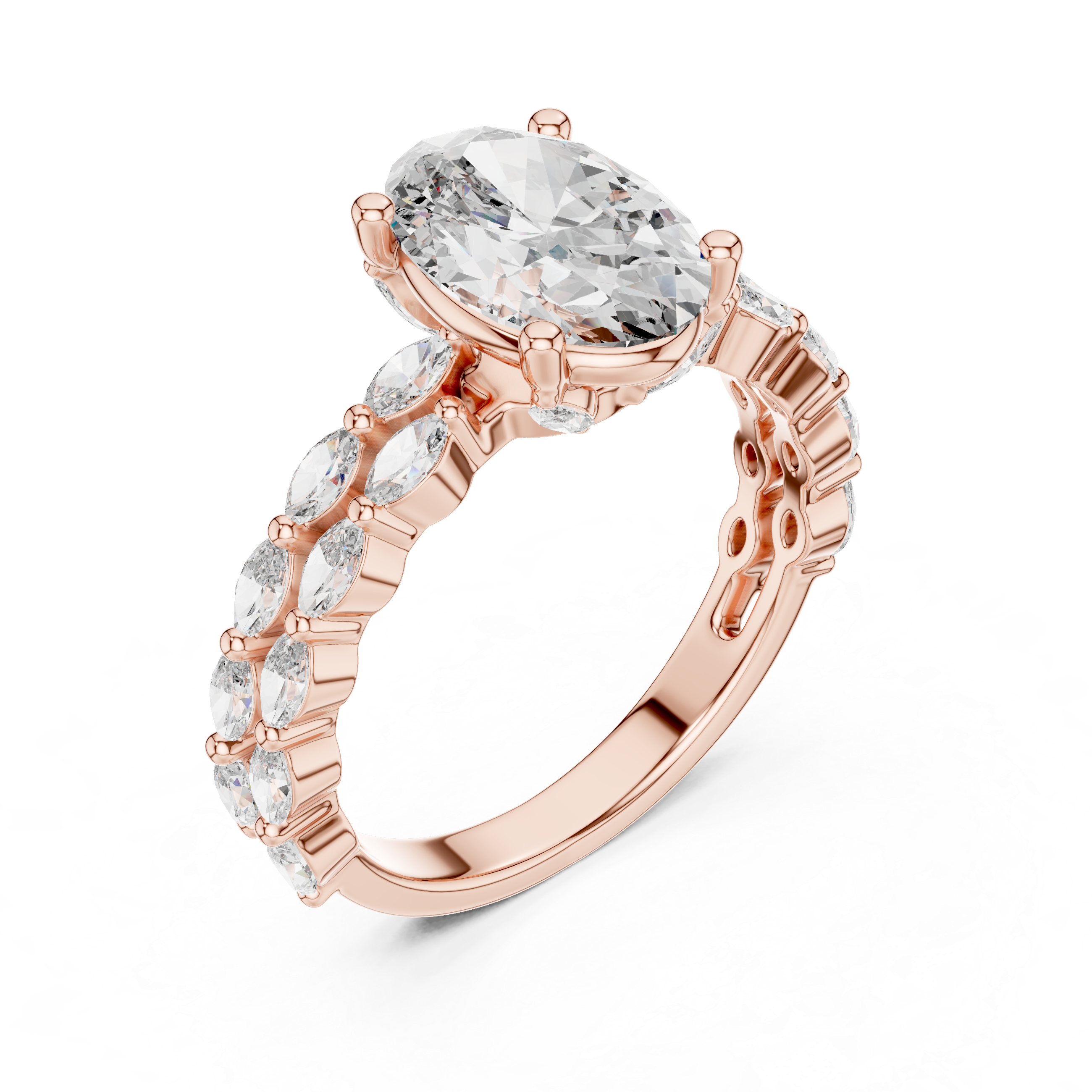 Oval Cut Diamond Ring With Double Row Marquise Band