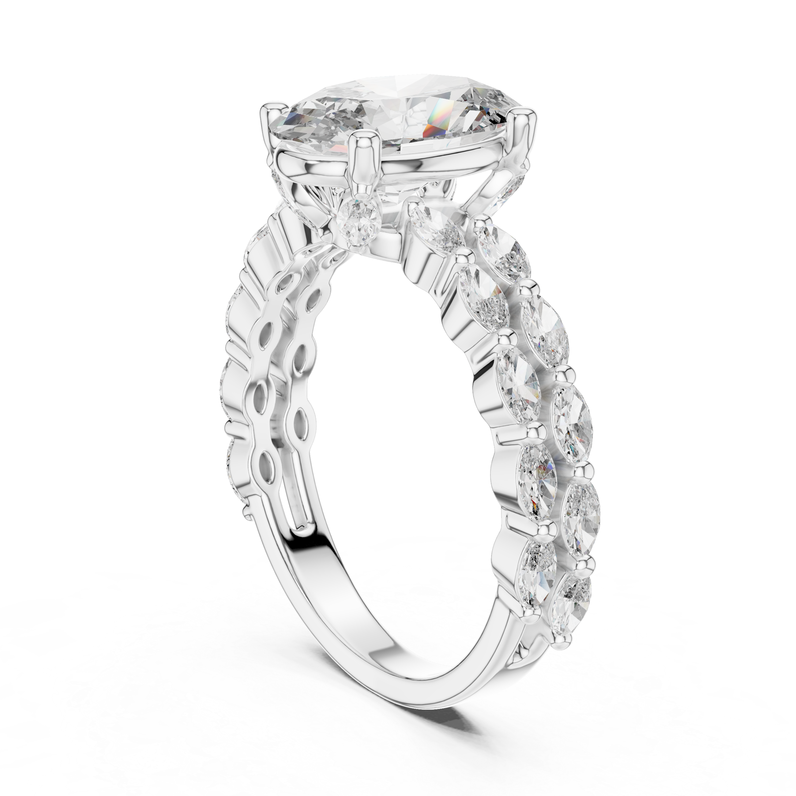 Oval Cut Diamond Ring With Double Row Marquise Band