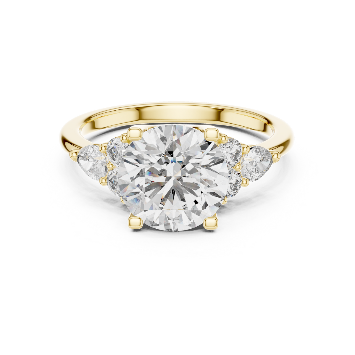 Round Cut Diamond with Pear Cluster Side Stones Ring