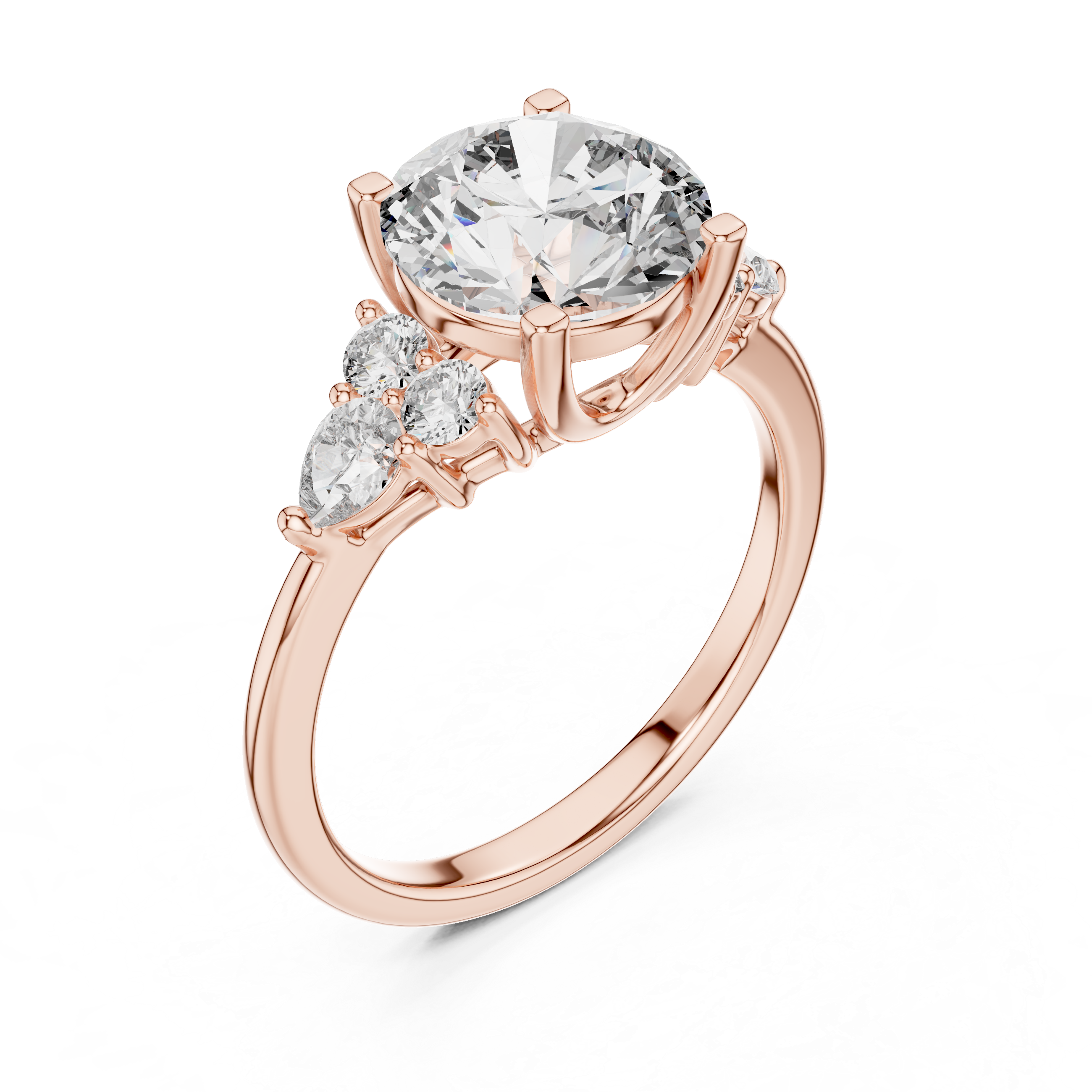 Round Cut Diamond with Pear Cluster Side Stones Ring