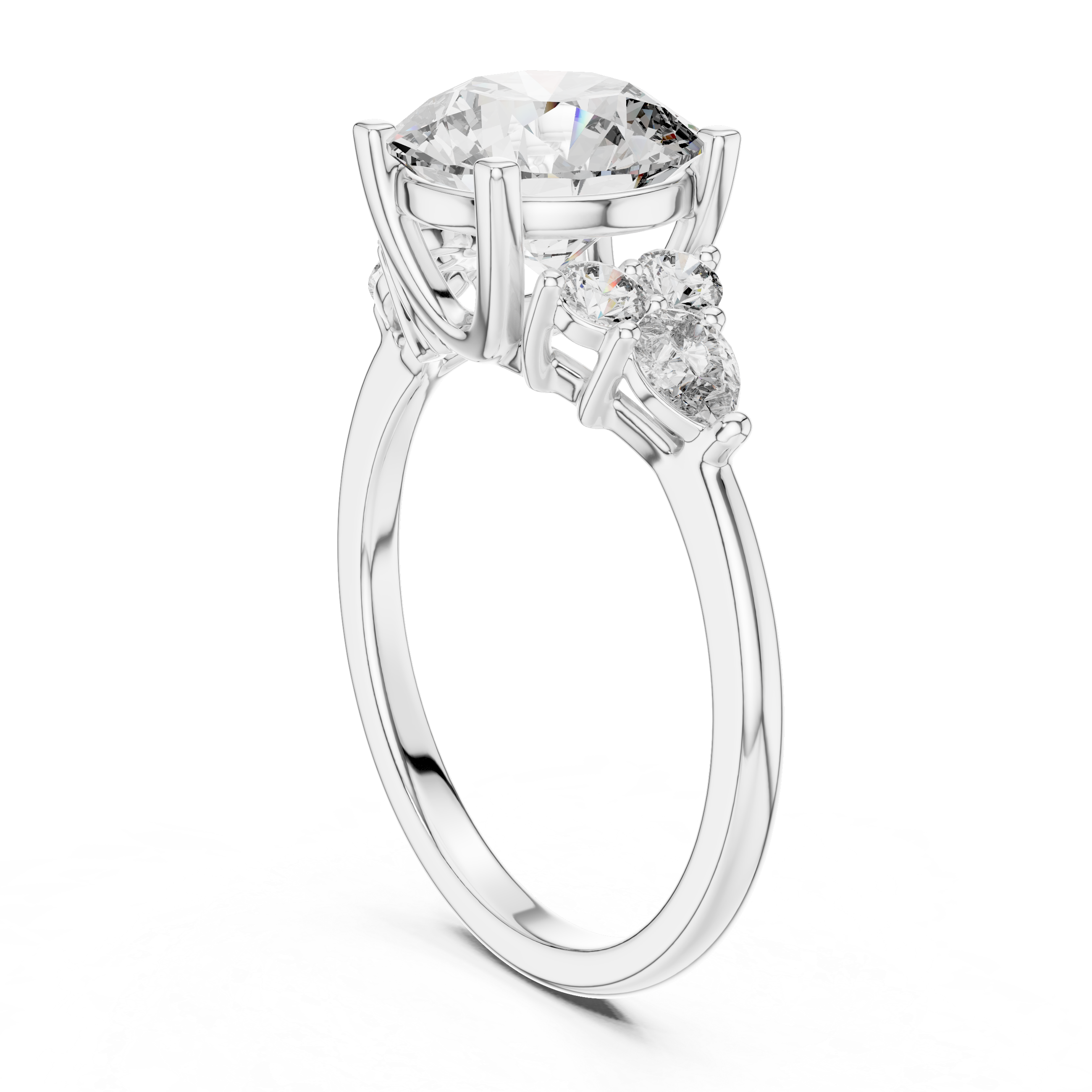 Round Cut Diamond with Pear Cluster Side Stones Ring