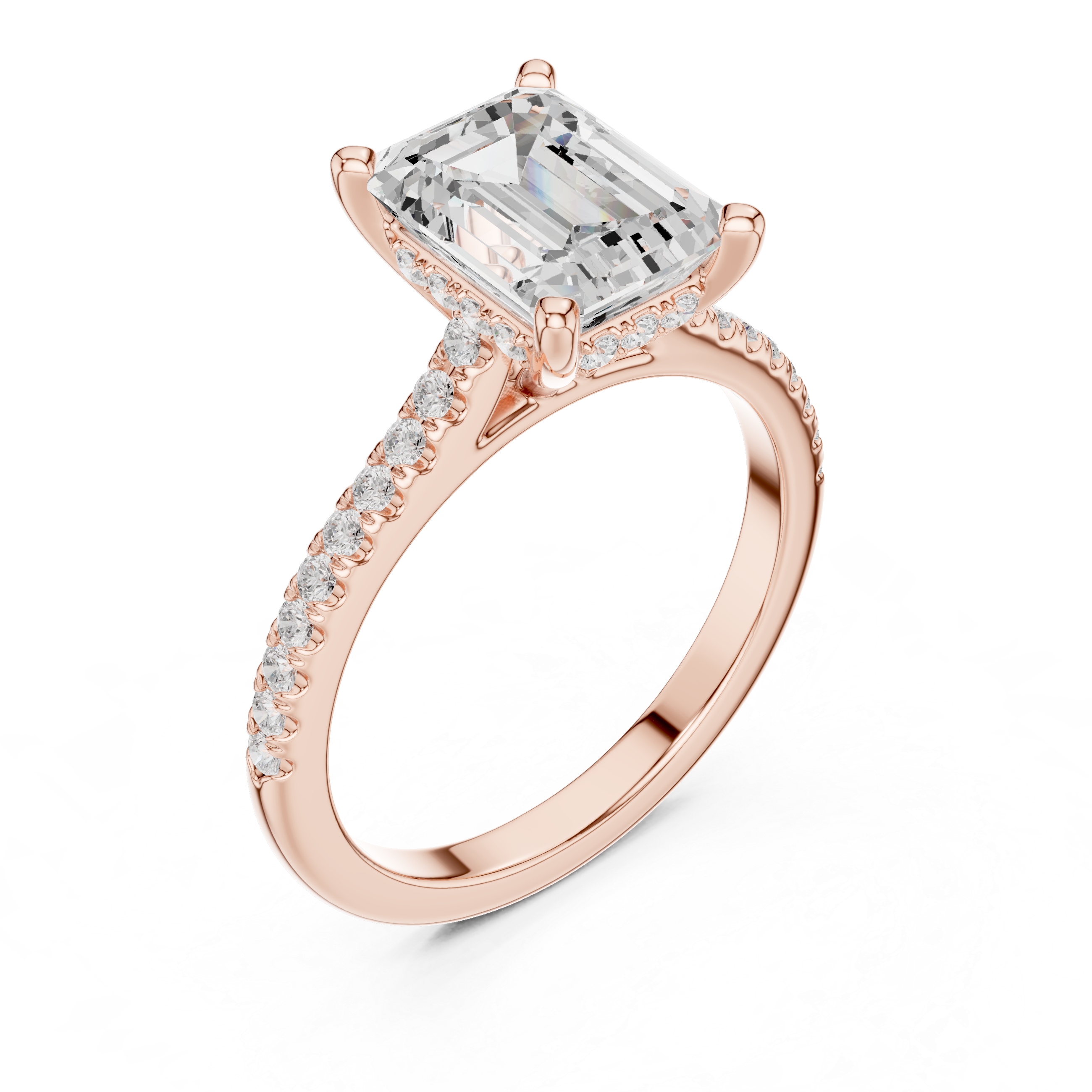 Emerald Cut Hidden Halo and Pave Band Engagement Ring