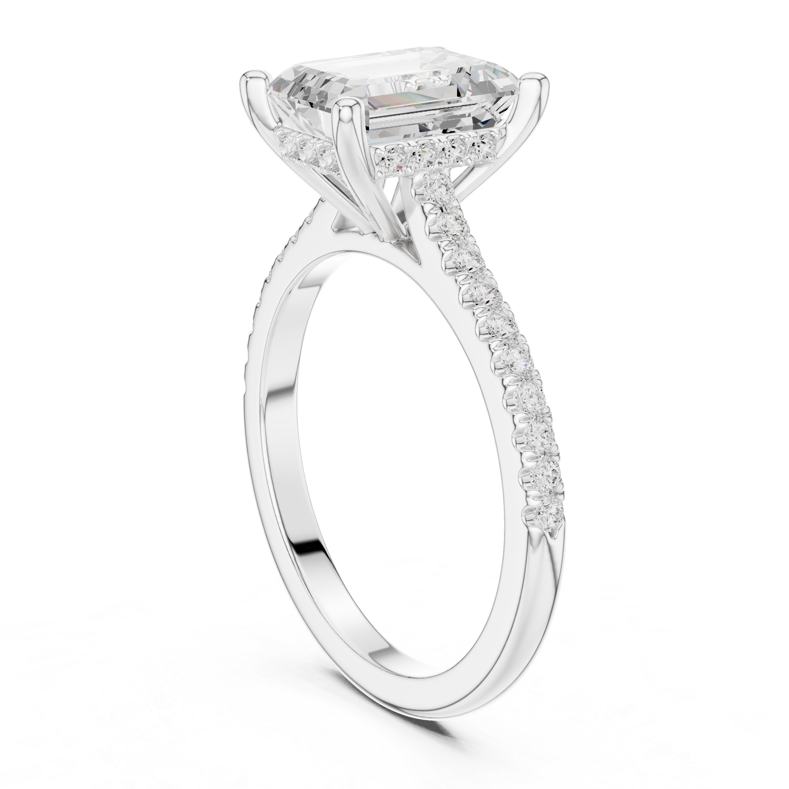 Emerald Cut Hidden Halo and Pave Band Engagement Ring