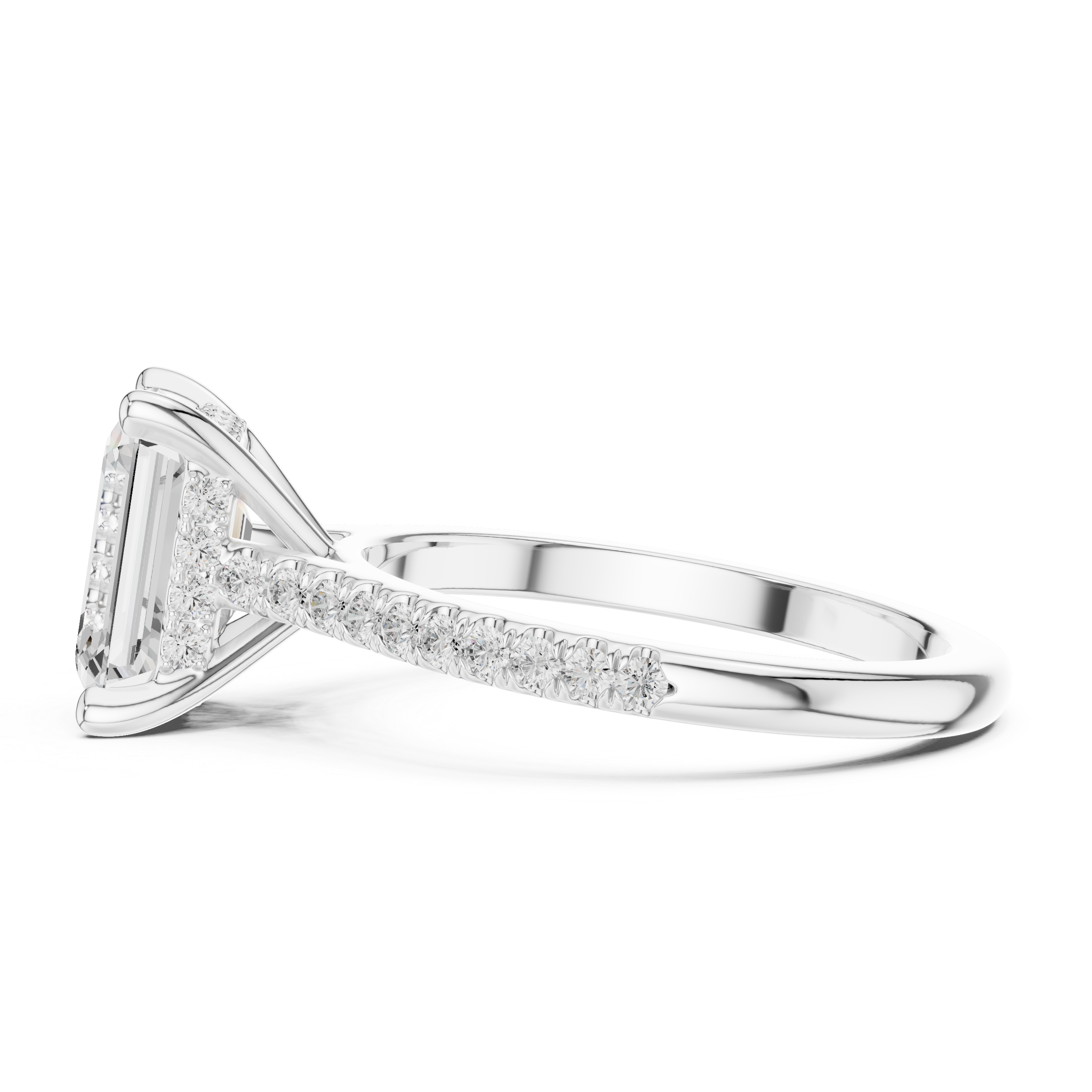 Emerald Cut Hidden Halo and Pave Band Engagement Ring