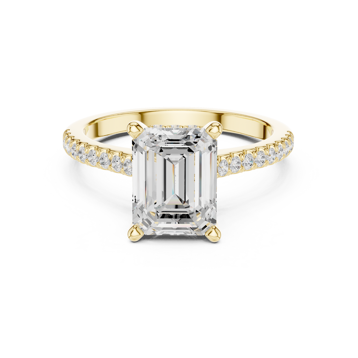 Emerald Cut Hidden Halo and Pave Band Engagement Ring