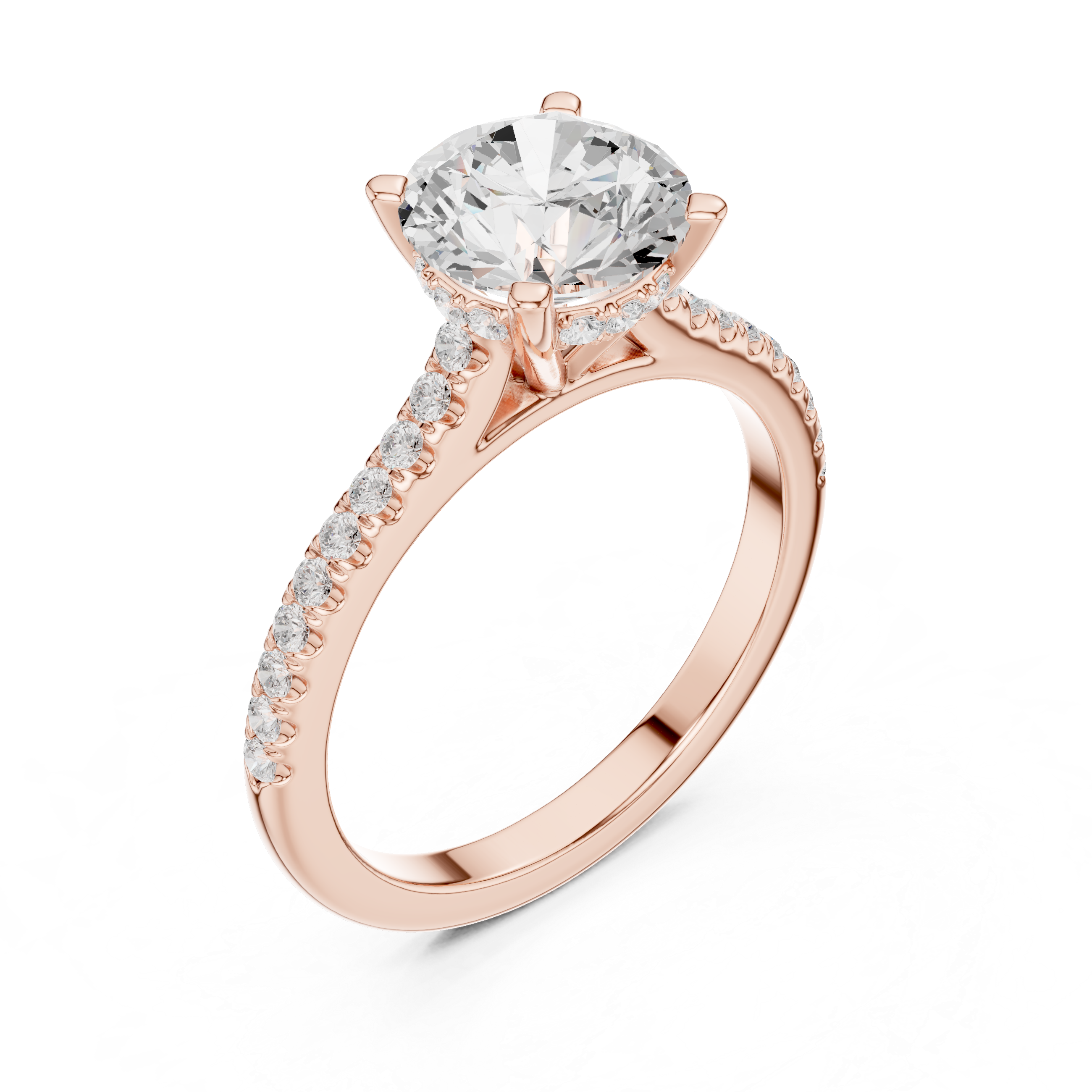 Round Cut Hidden Halo and Pave Band Engagement Ring