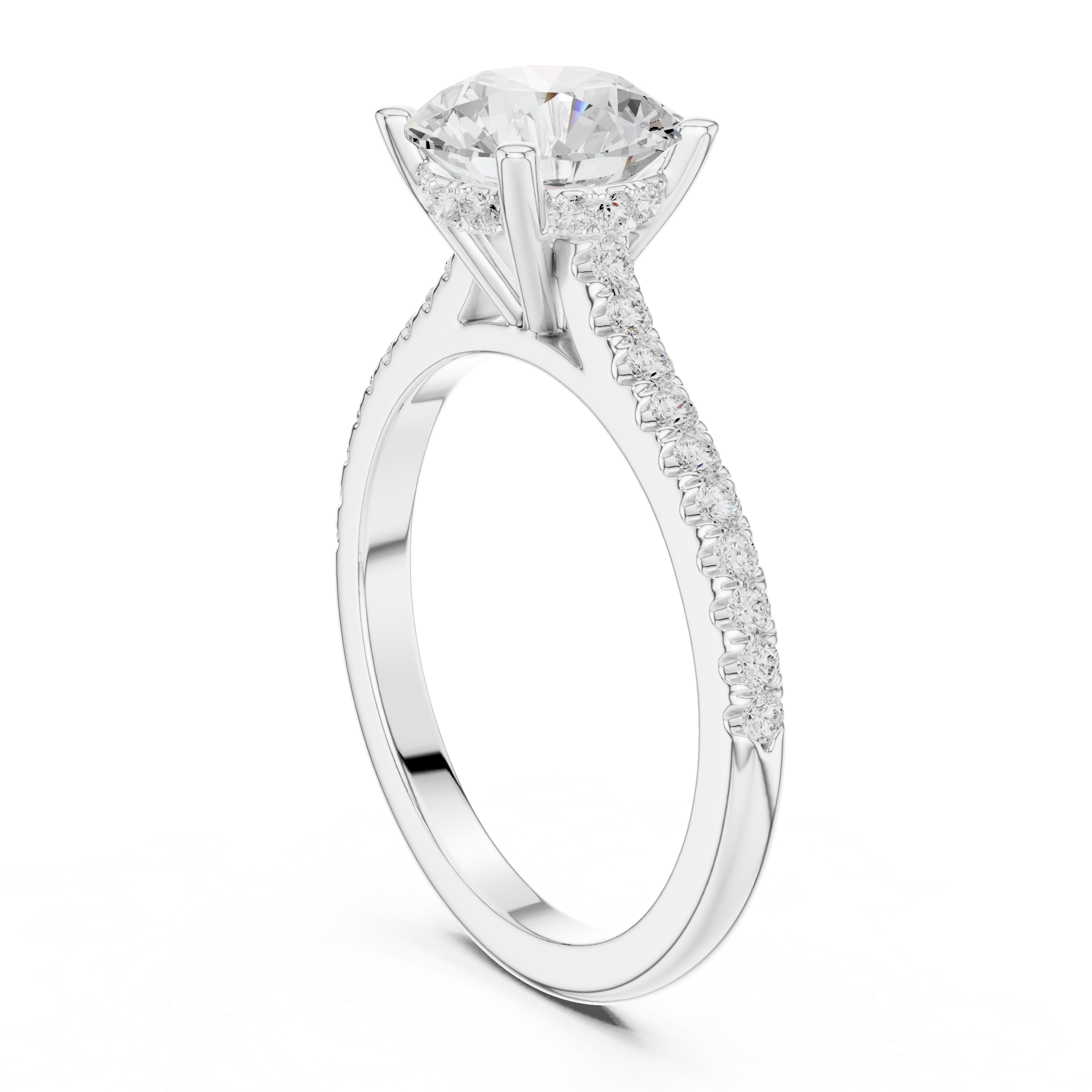 Round Cut Hidden Halo and Pave Band Engagement Ring