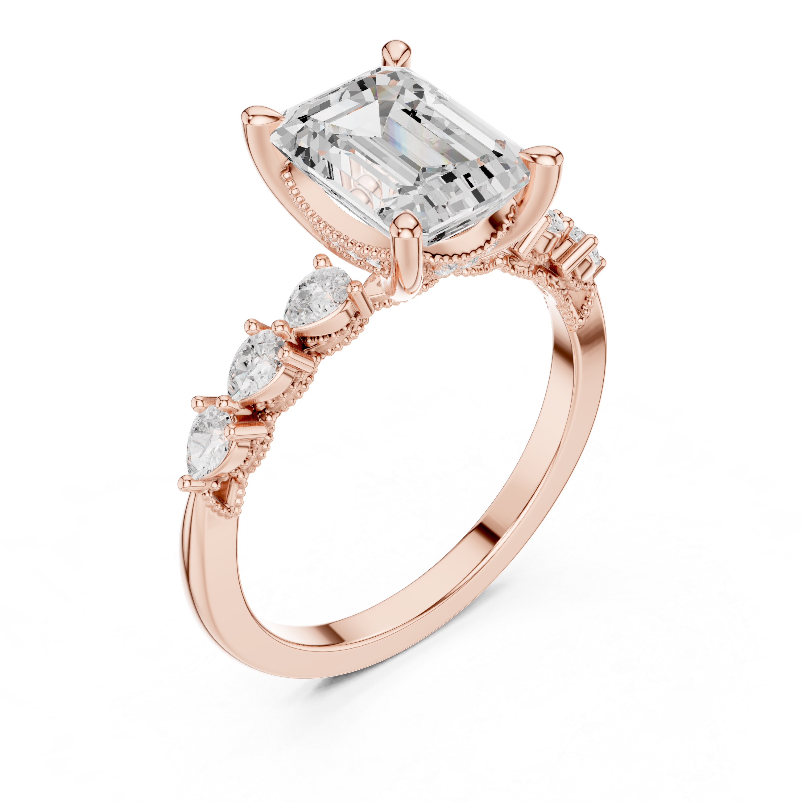 Emerald Cut Diamond Milgrain with Hidden Pave Bridge Engagement Ring