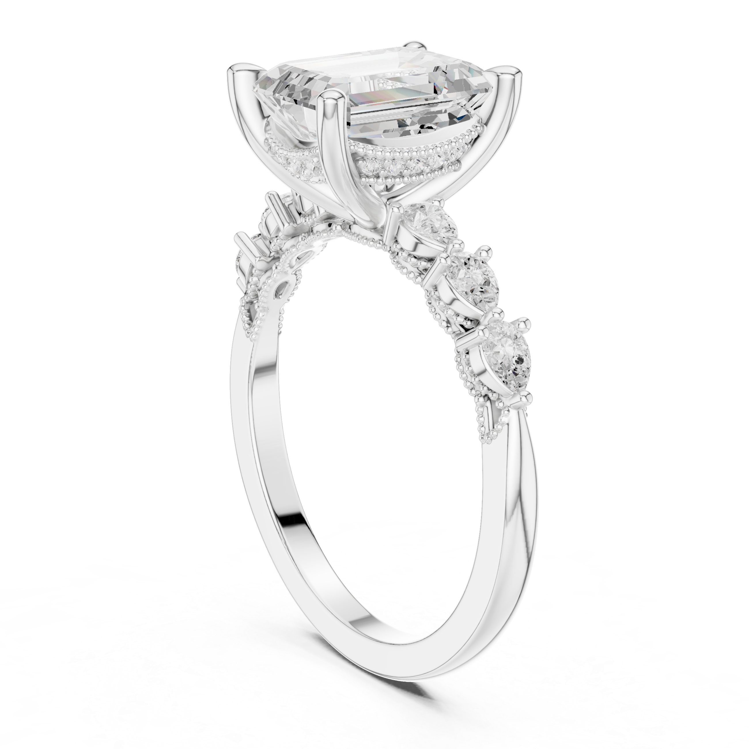 Emerald Cut Diamond Milgrain with Hidden Pave Bridge Engagement Ring