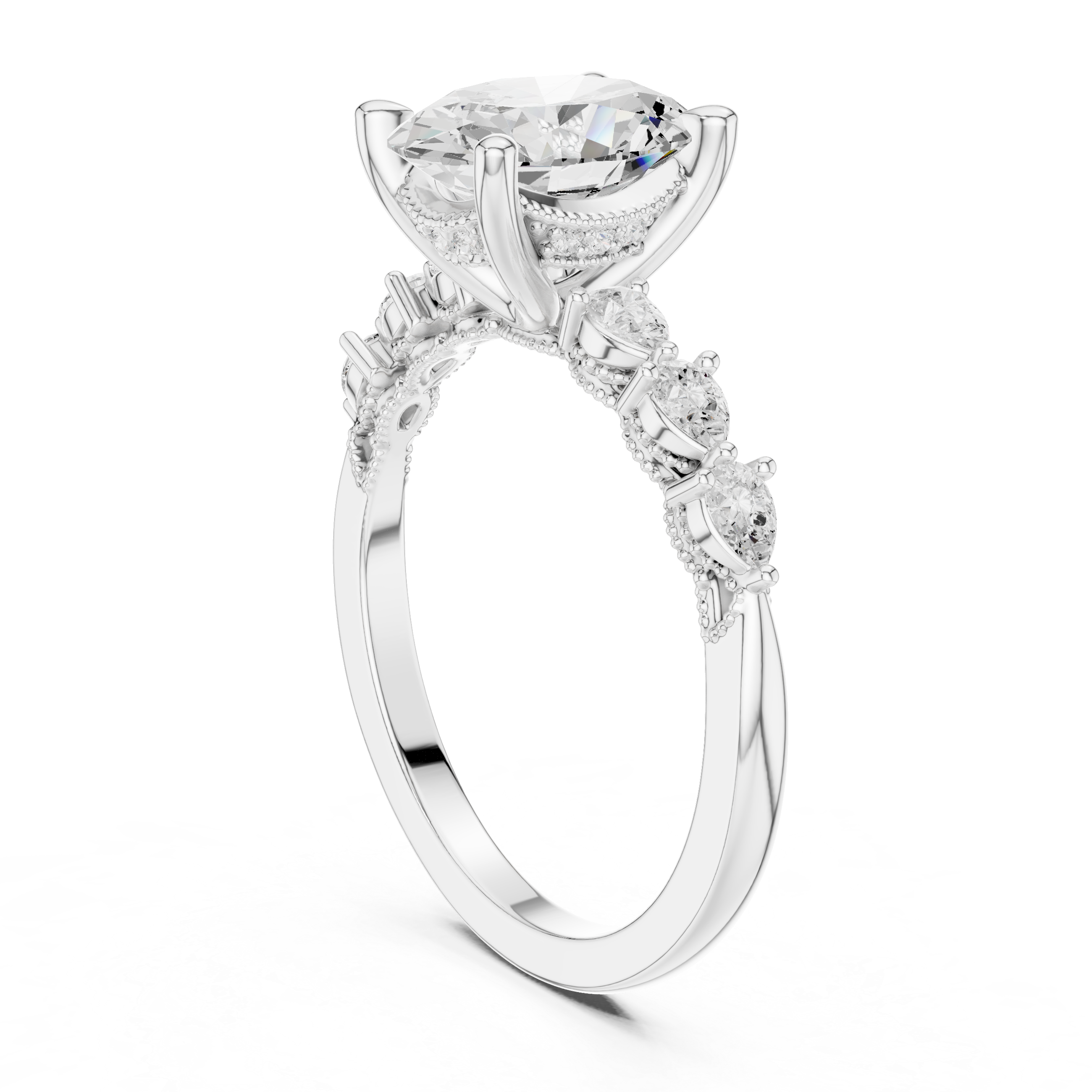 Oval Cut Diamond Milgrain with Hidden Pave Bridge Engagement Ring