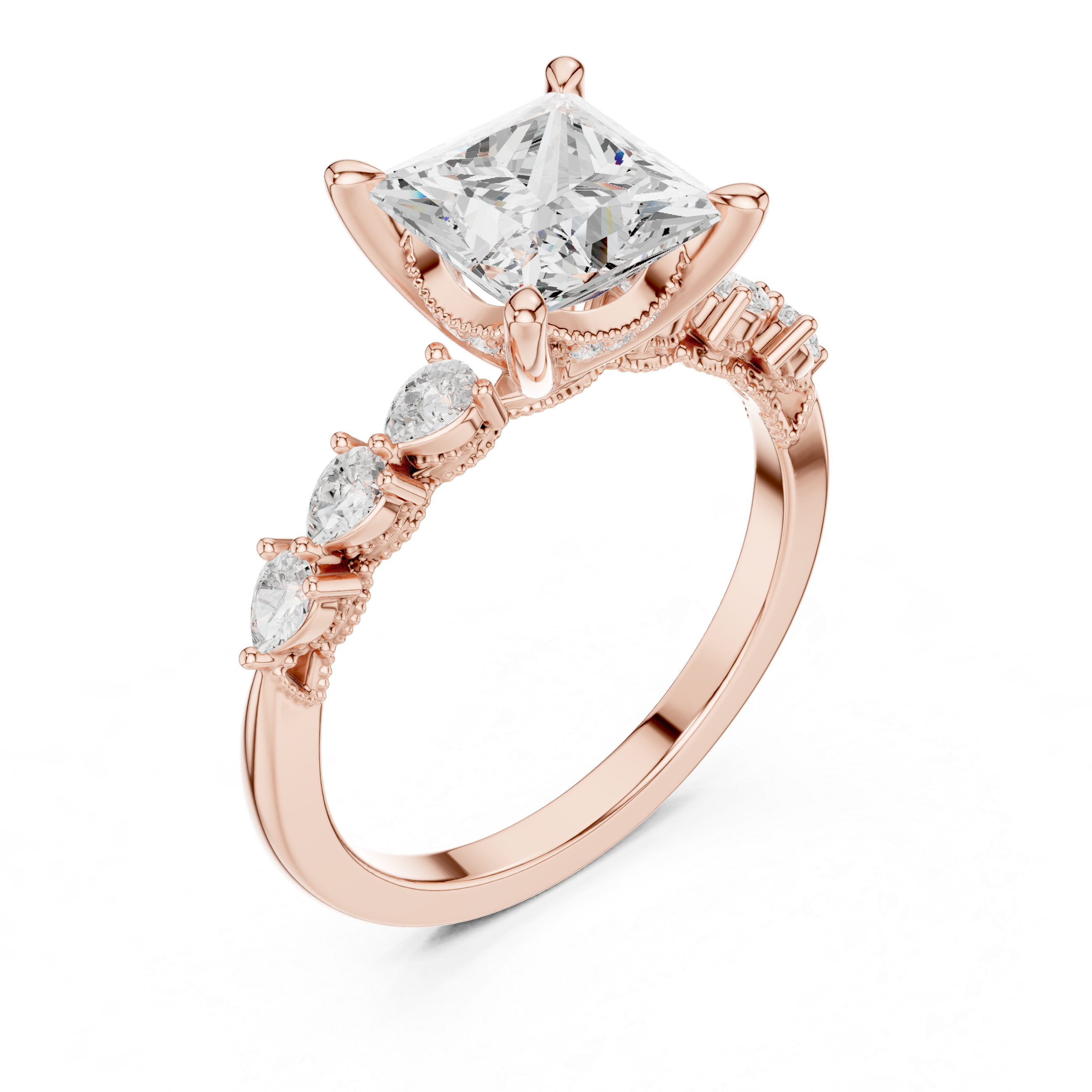 Princess Cut Diamond Milgrain with Hidden Pave Bridge Engagement Ring