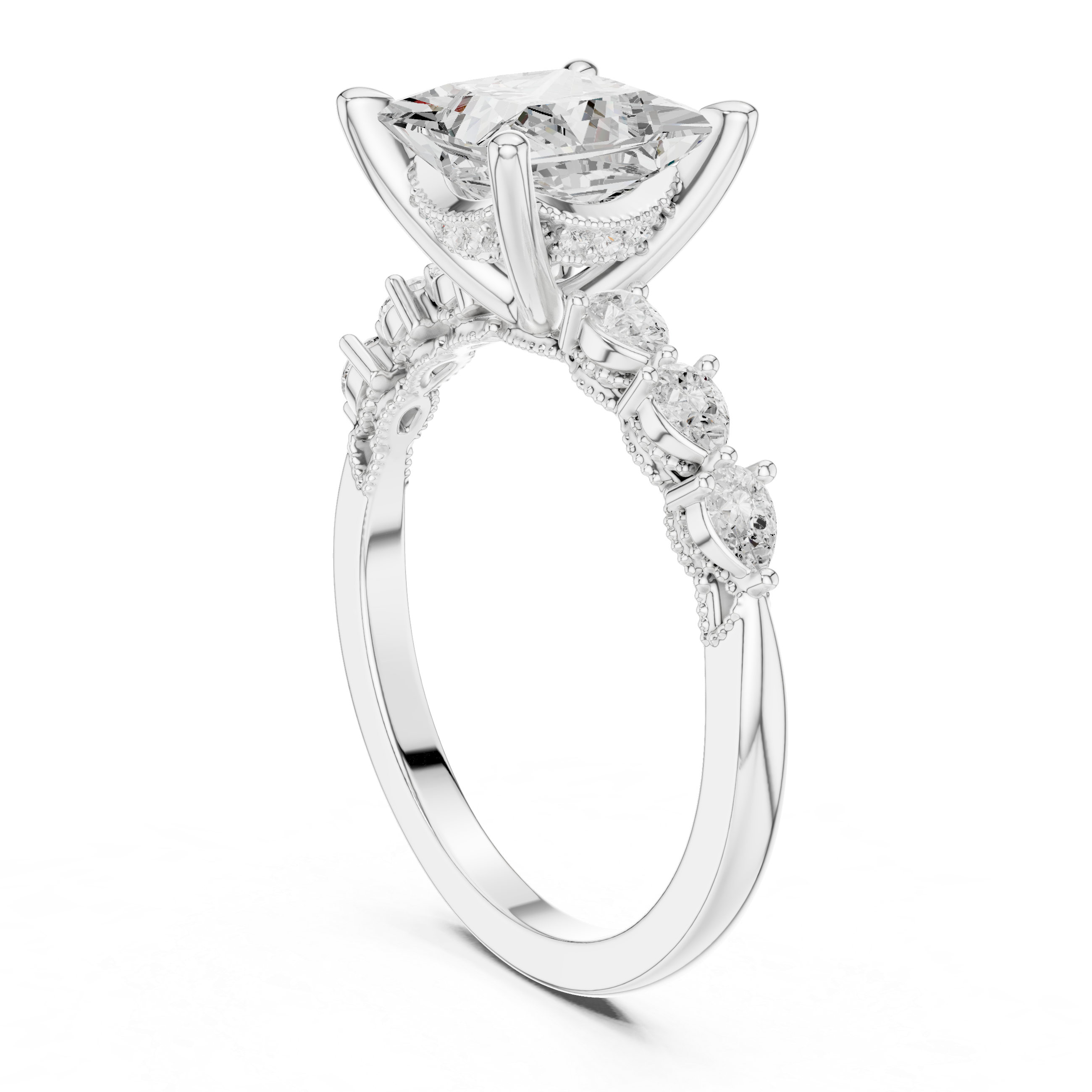 Princess Cut Diamond Milgrain with Hidden Pave Bridge Engagement Ring