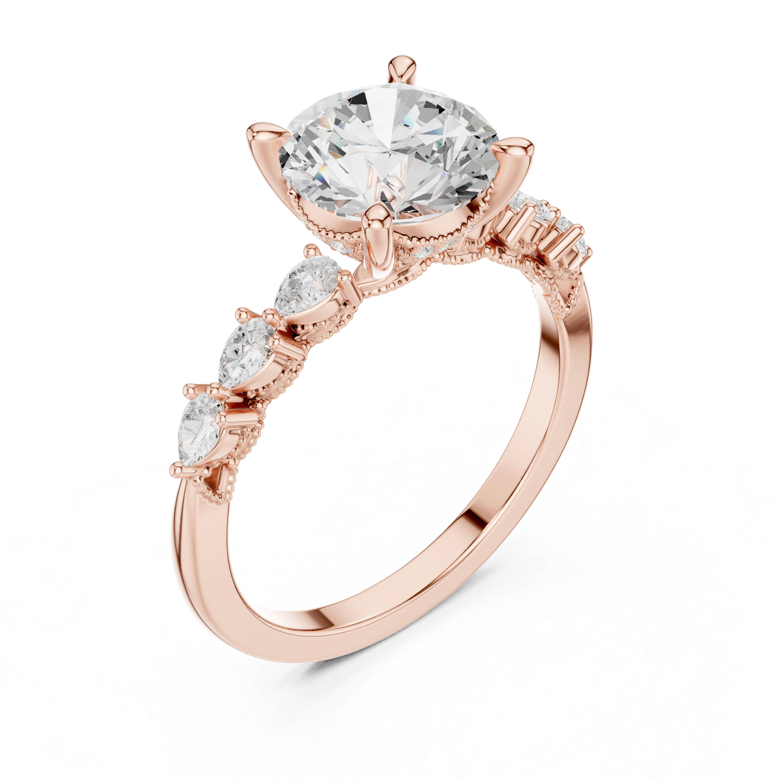 Round Cut Diamond Milgrain with Hidden Pave Bridge Engagement Ring