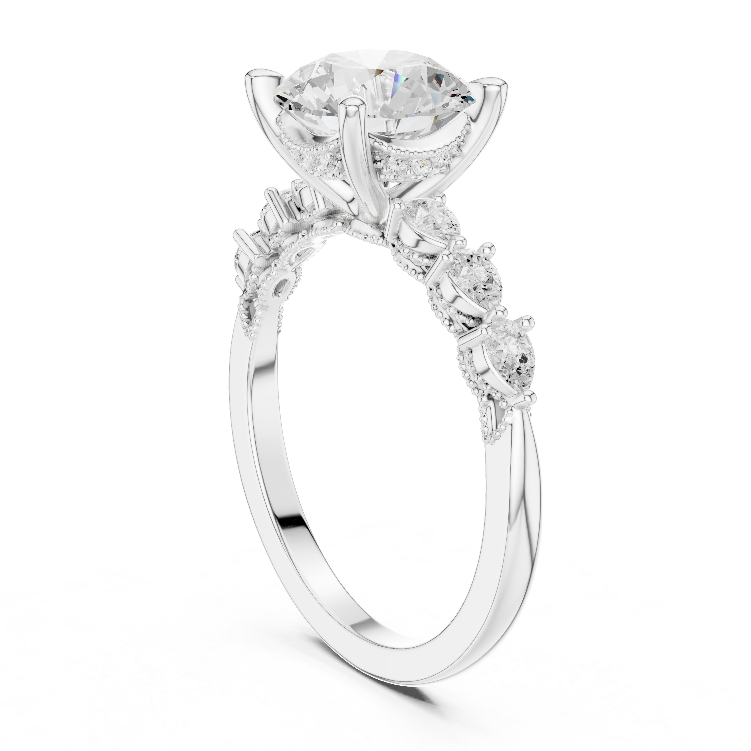 Round Cut Diamond Milgrain with Hidden Pave Bridge Engagement Ring