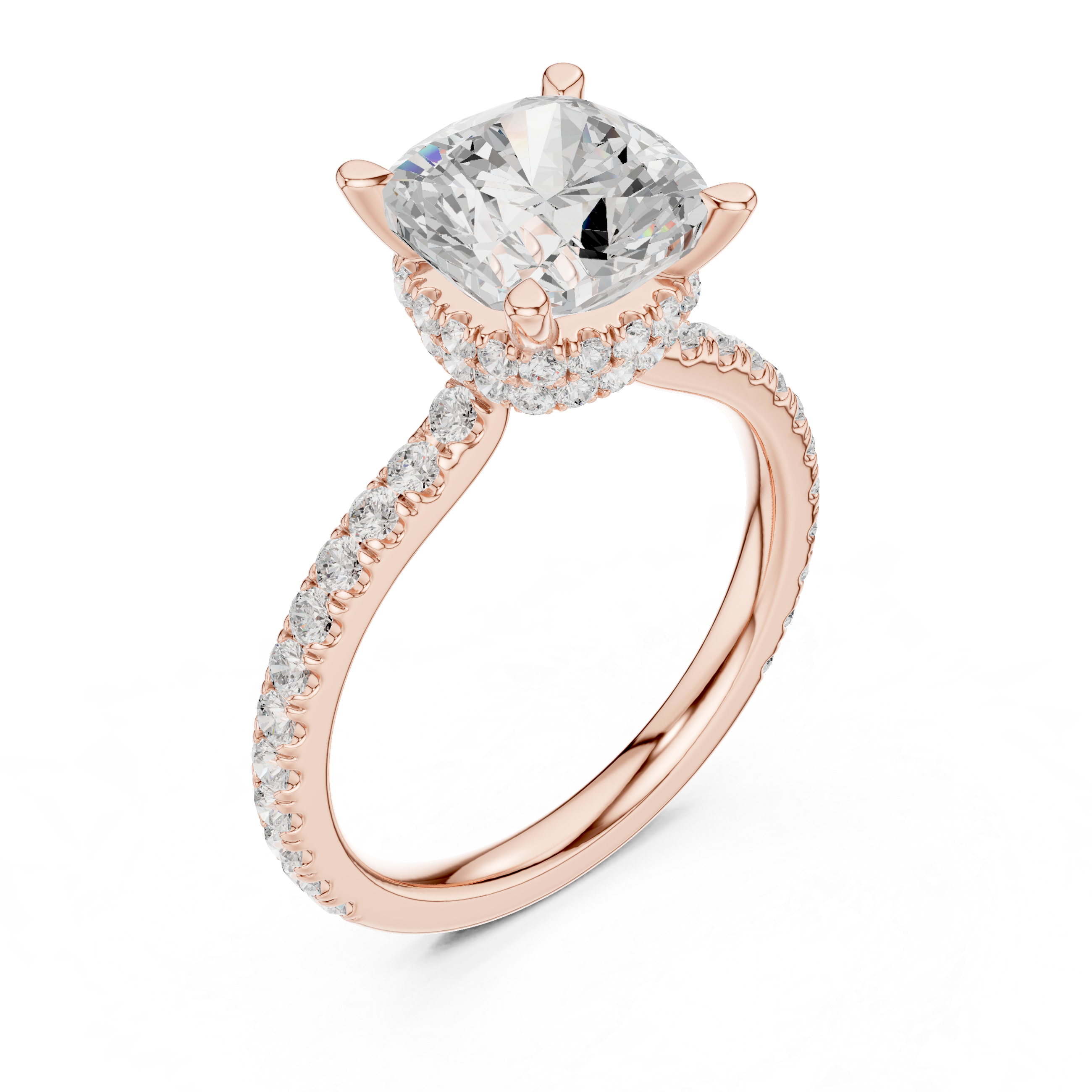 Cushion Cut Diamond Double Hidden Halo and Pave Engagement Ring
