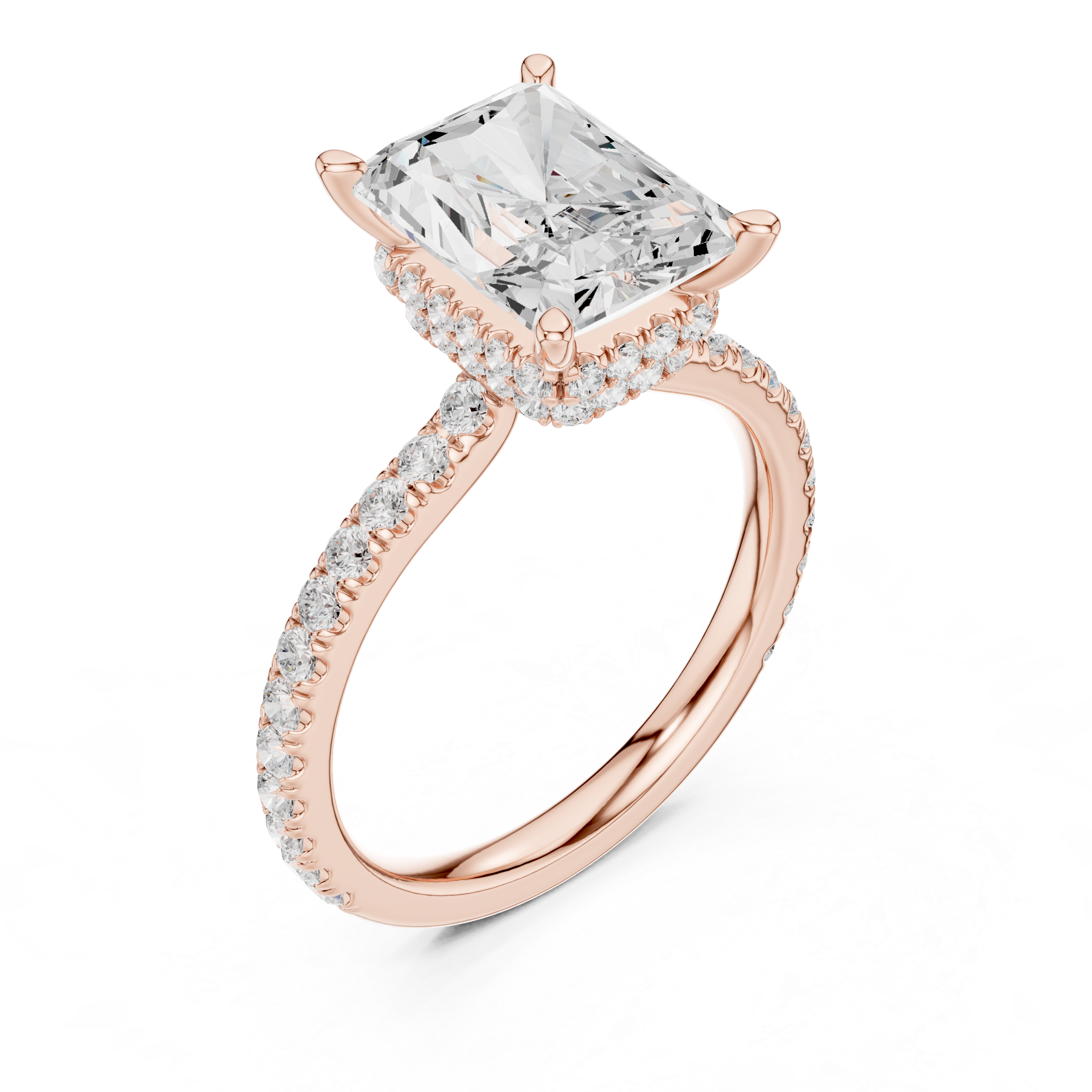 Radiant Cut Diamond Double Hidden Halo and Pave Engagement Ring