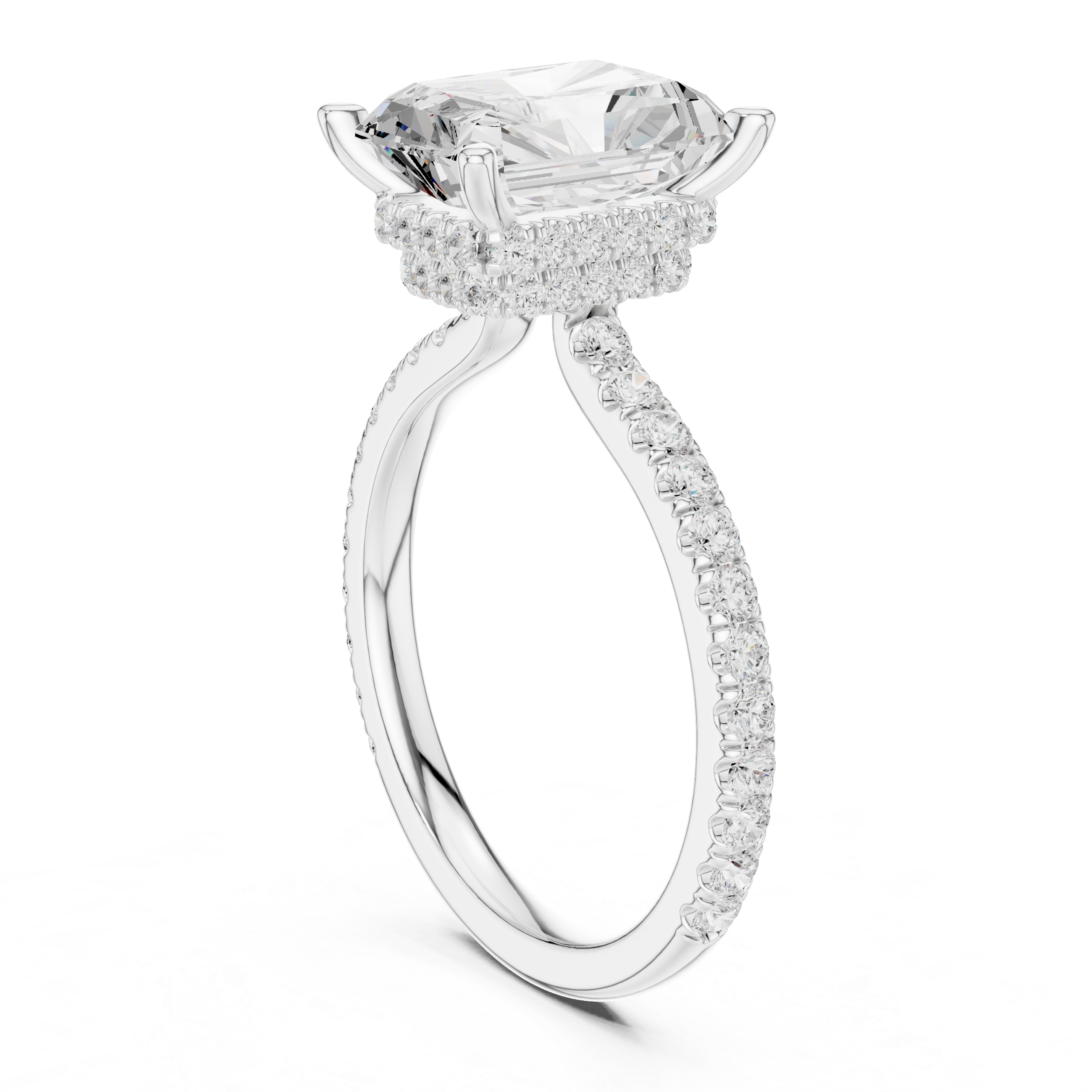Radiant Cut Diamond Double Hidden Halo and Pave Engagement Ring