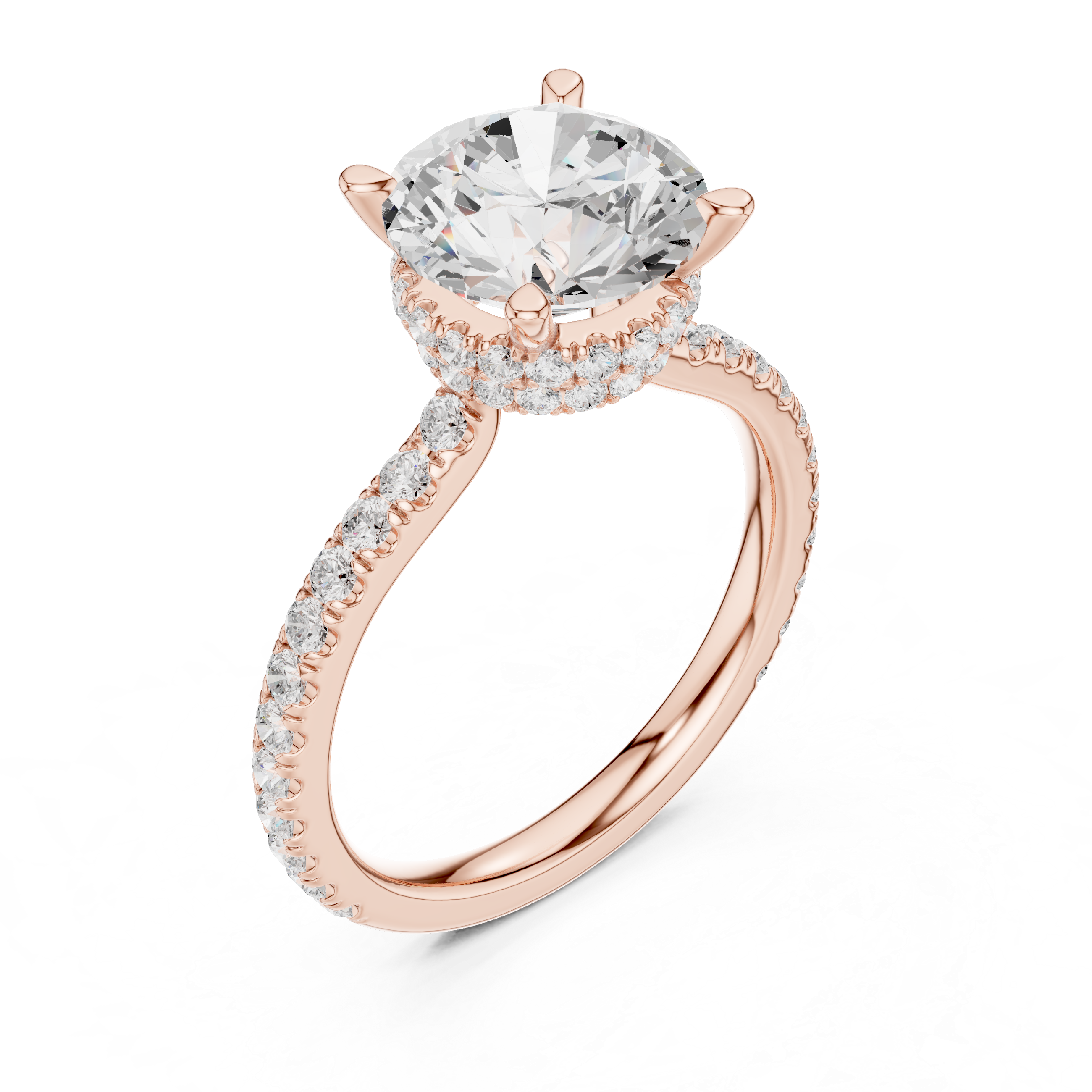Round Cut Diamond Double Hidden Halo and Pave Engagement Ring