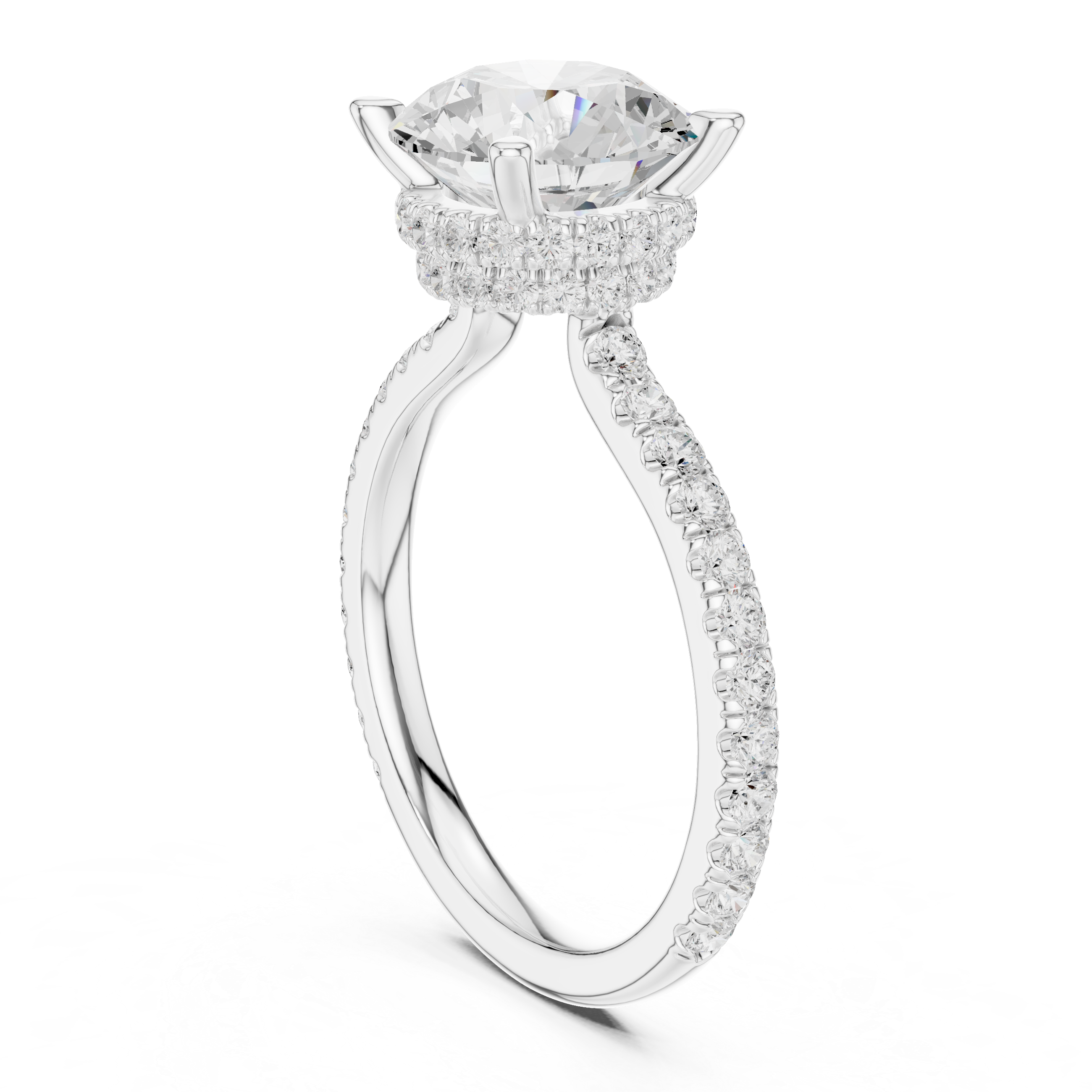 Round Cut Diamond Double Hidden Halo and Pave Engagement Ring