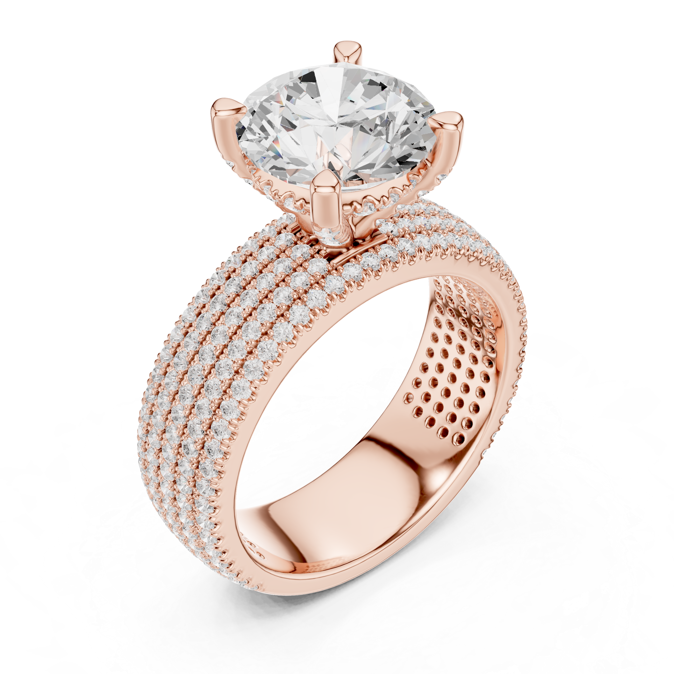 Round Cut Diamond Five Row Pave Wide Band with Hidden Halo Wedding Ring