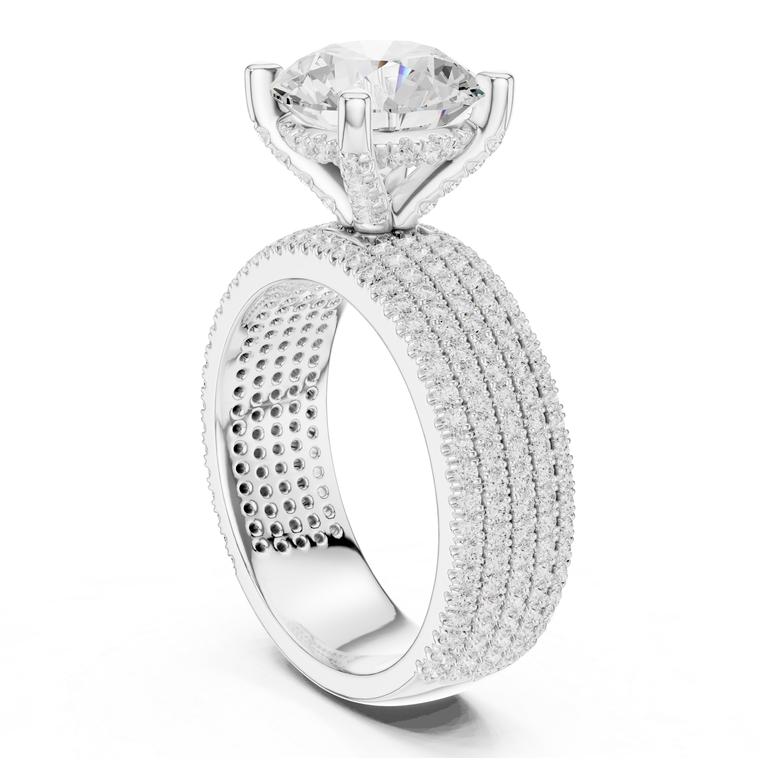 Round Cut Diamond Five Row Pave Wide Band with Hidden Halo Wedding Ring