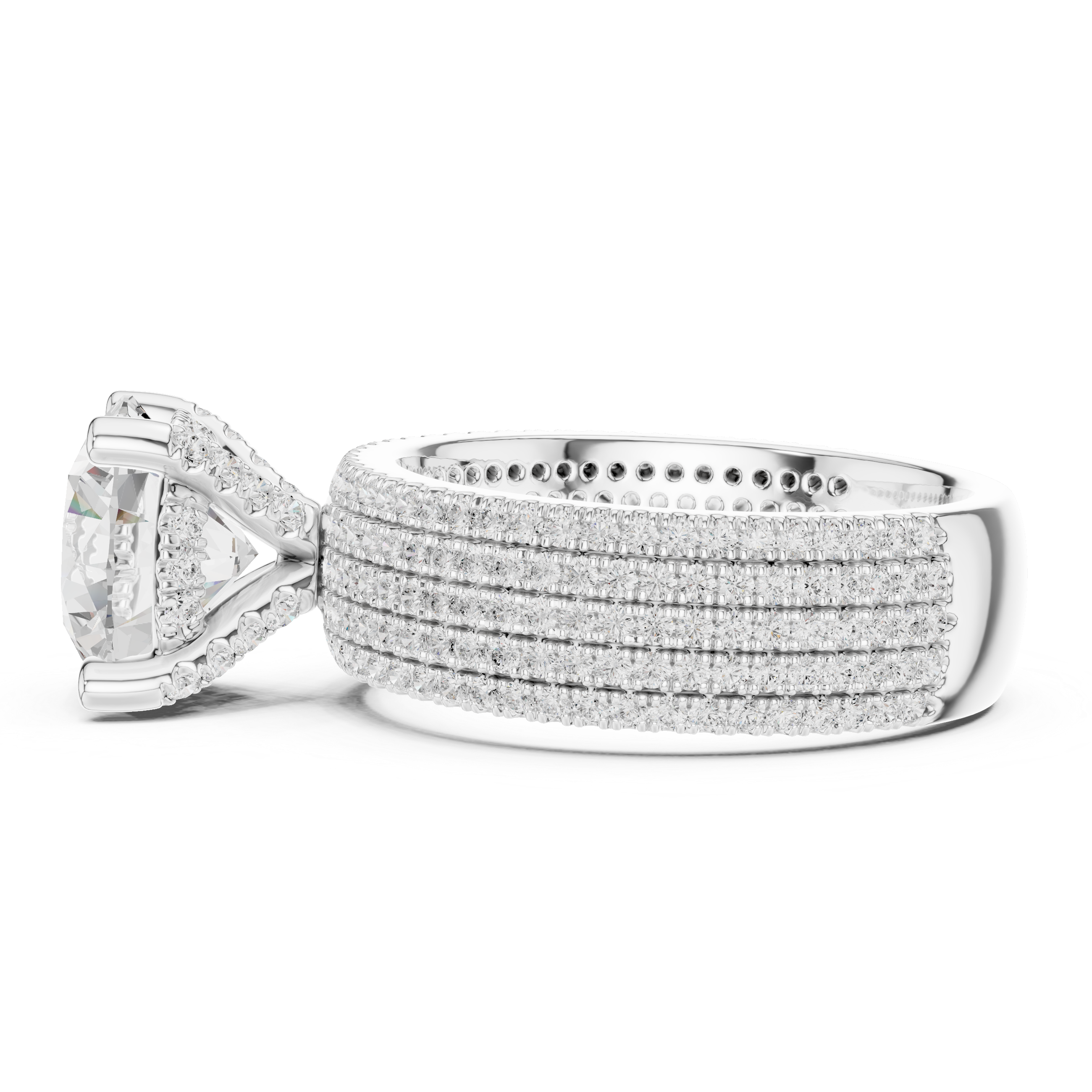 Round Cut Diamond Five Row Pave Wide Band with Hidden Halo Wedding Ring