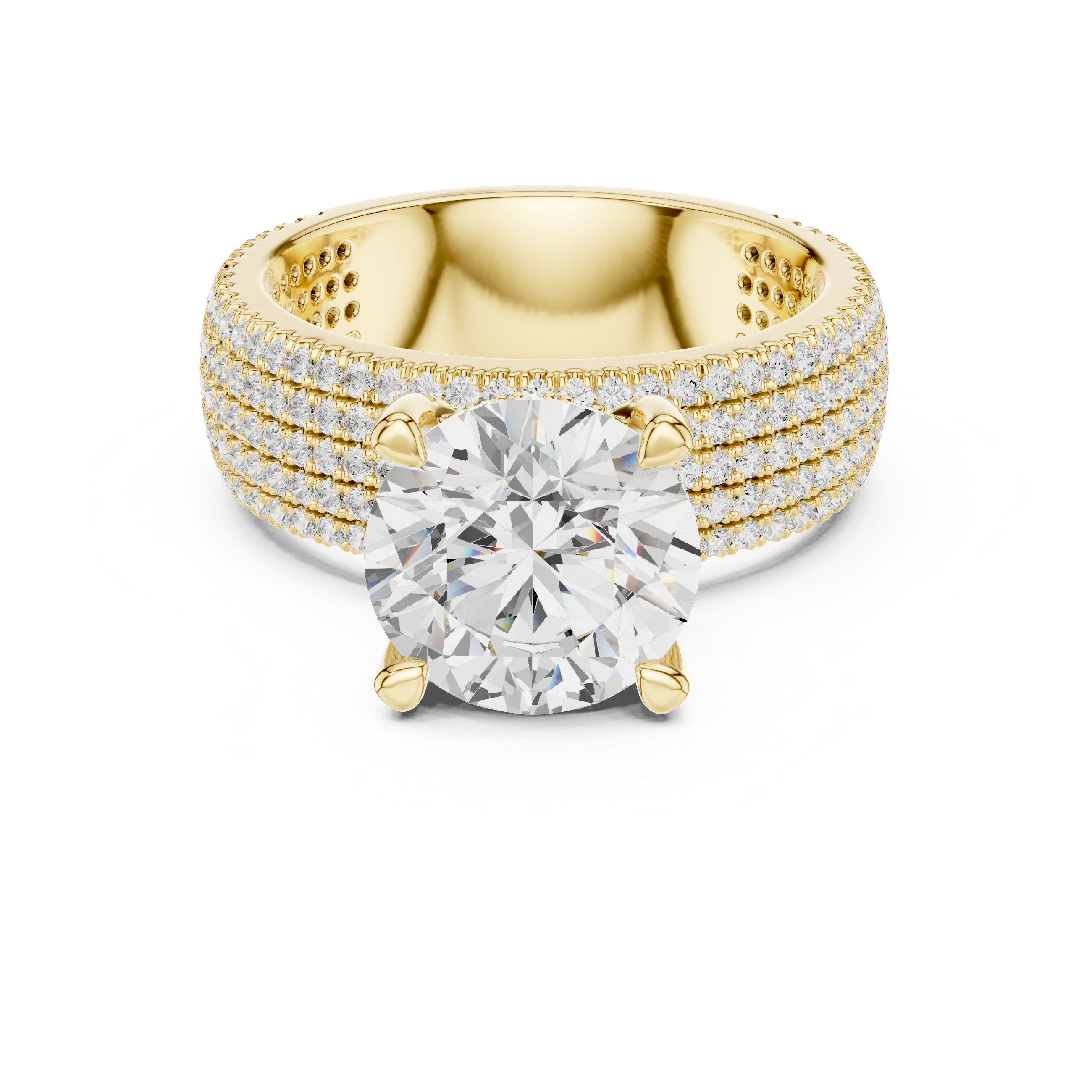 Round Cut Diamond Five Row Pave Wide Band with Hidden Halo Wedding Ring