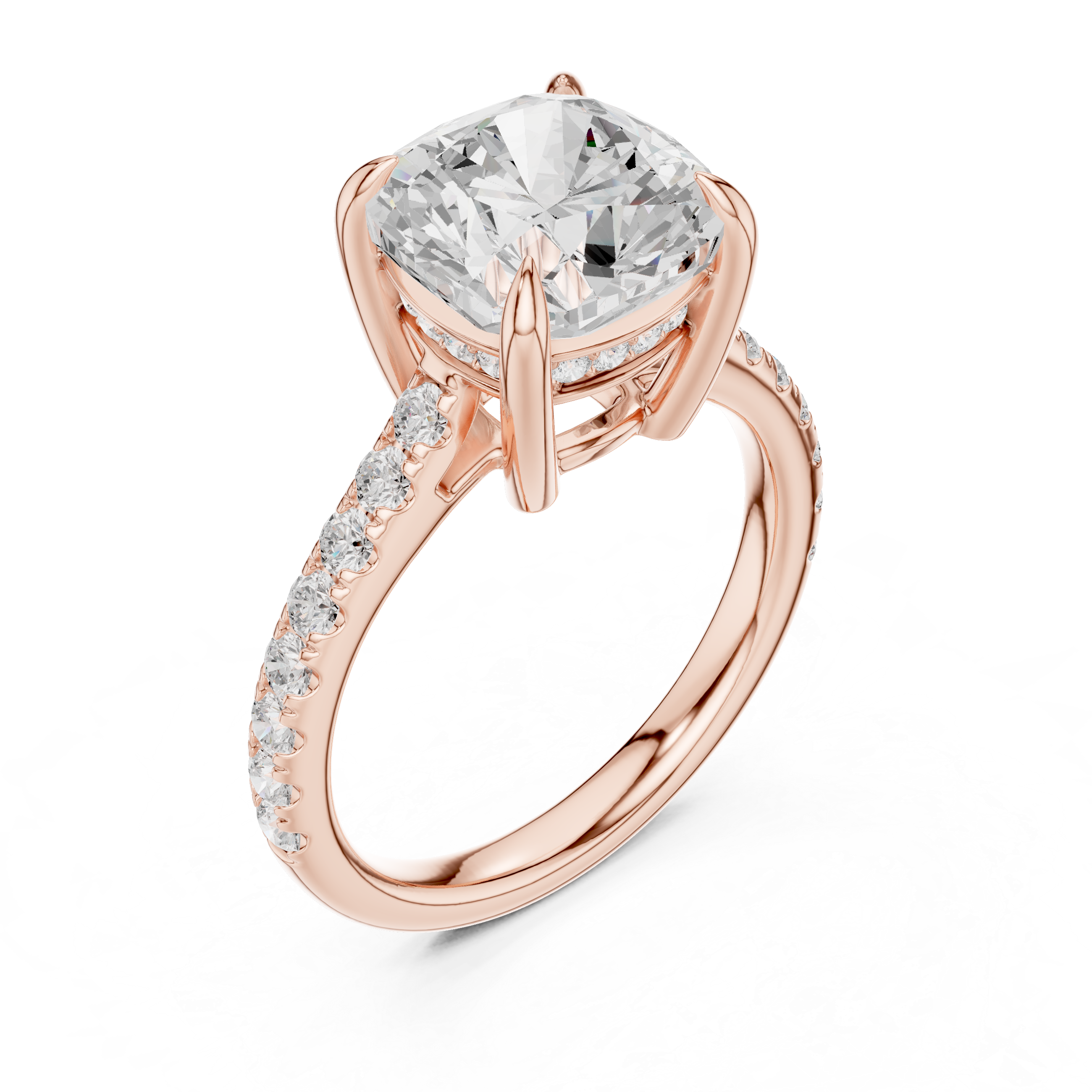 Pave Set Cushion Cut Diamond Hidden Halo Ring