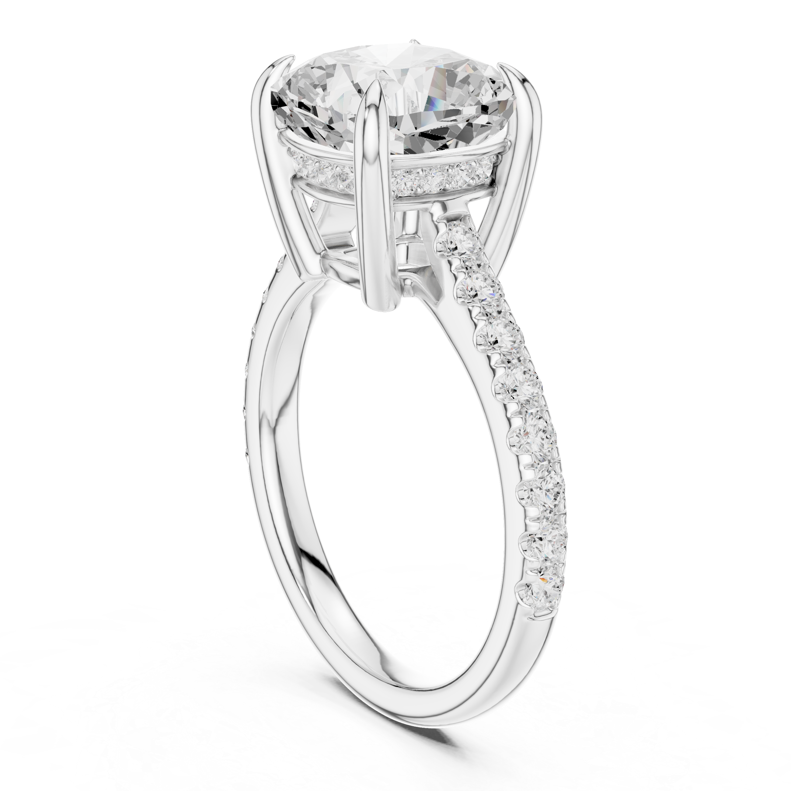 Pave Set Cushion Cut Diamond Hidden Halo Ring