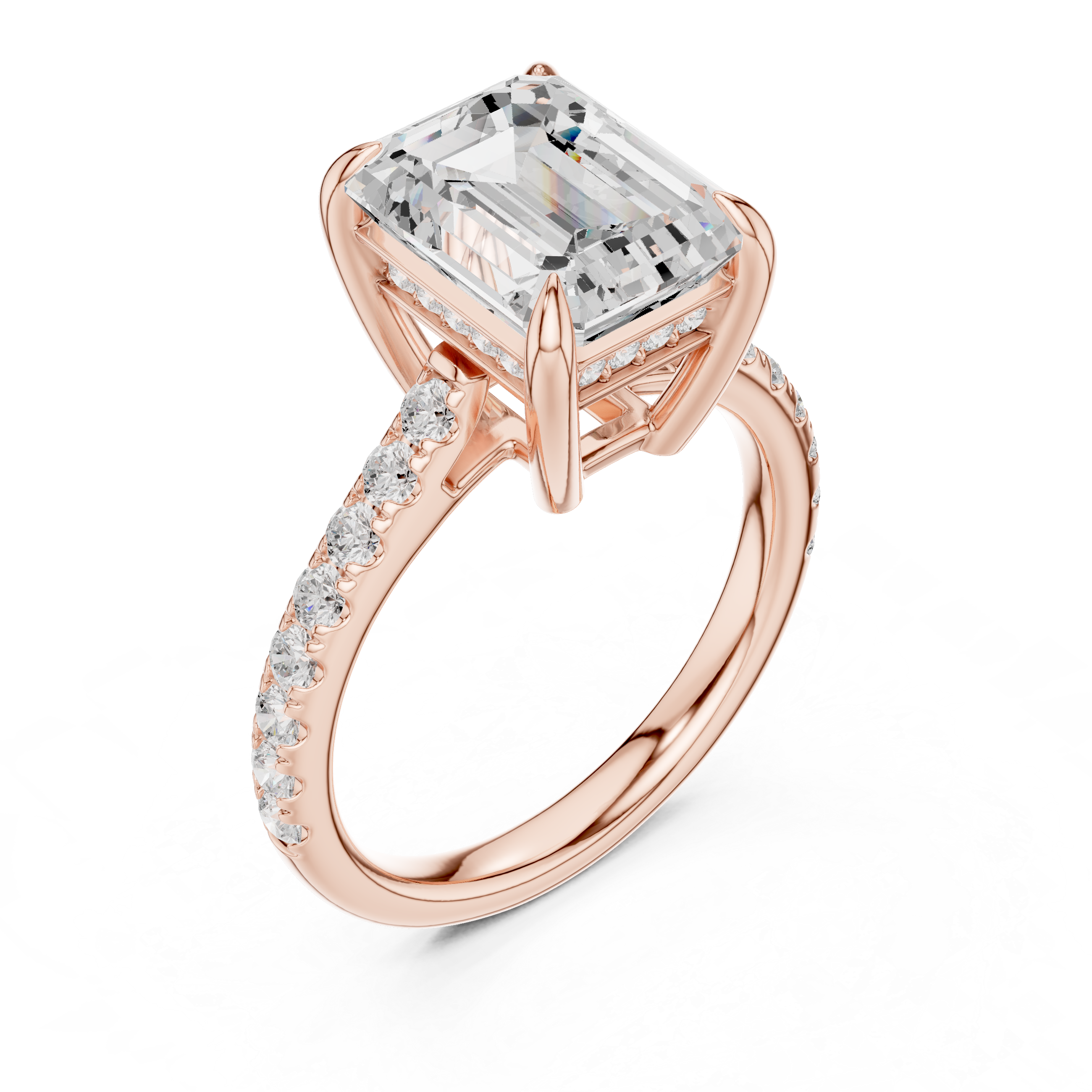 Pave Set Emerald Cut Diamond Hidden Halo Ring