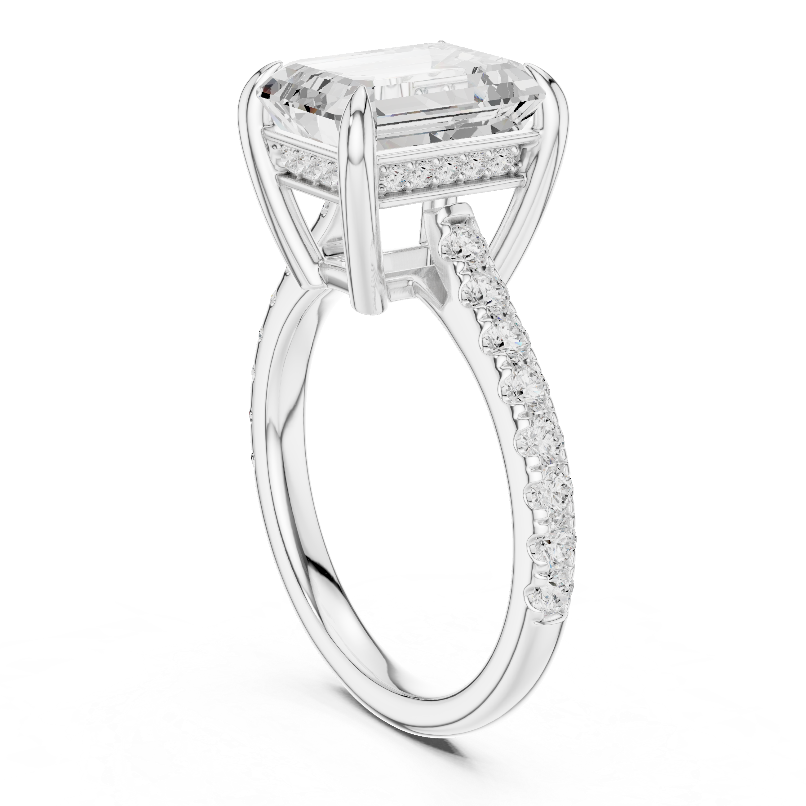Pave Set Emerald Cut Diamond Hidden Halo Ring