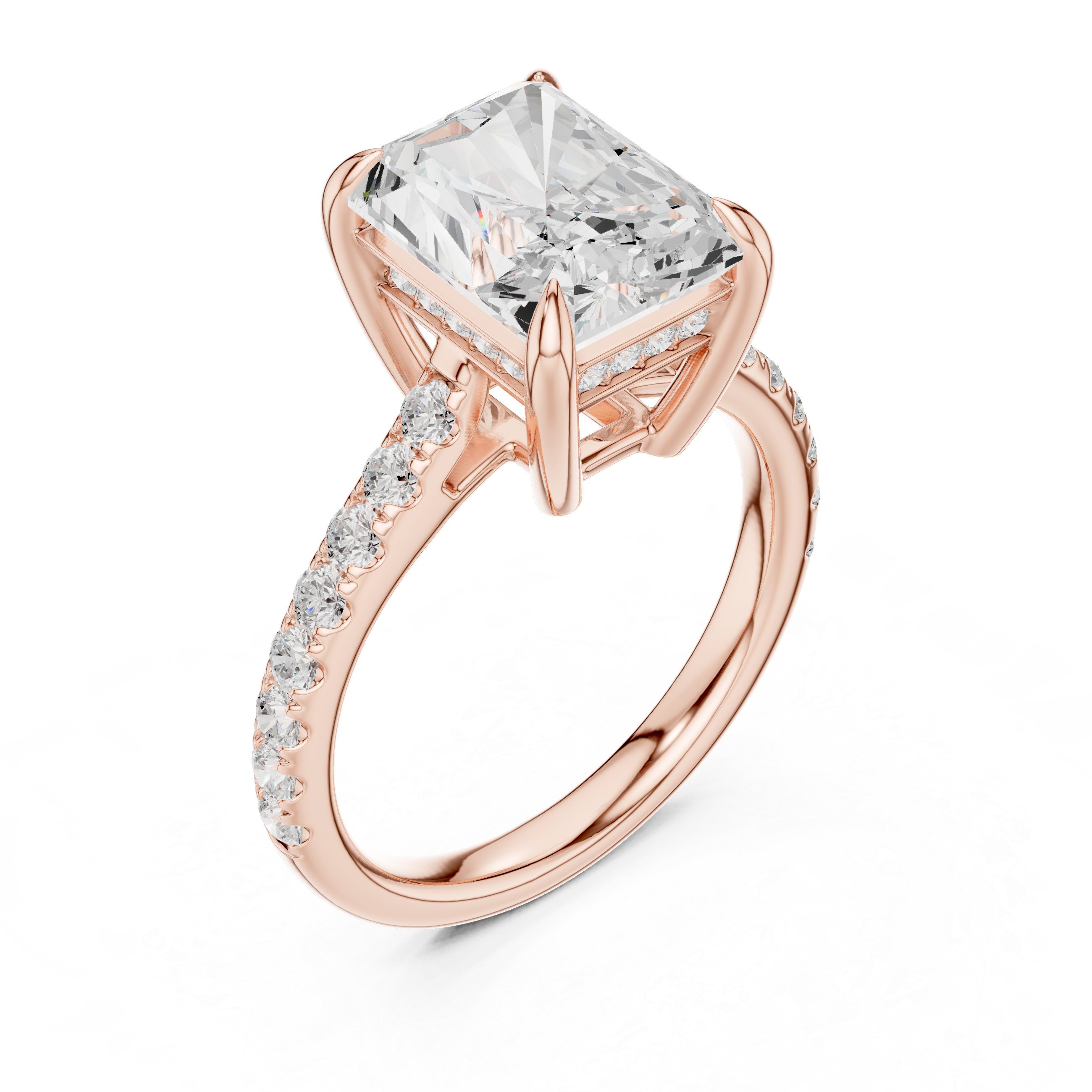 Pave Set Radiant Cut Diamond Hidden Halo Ring