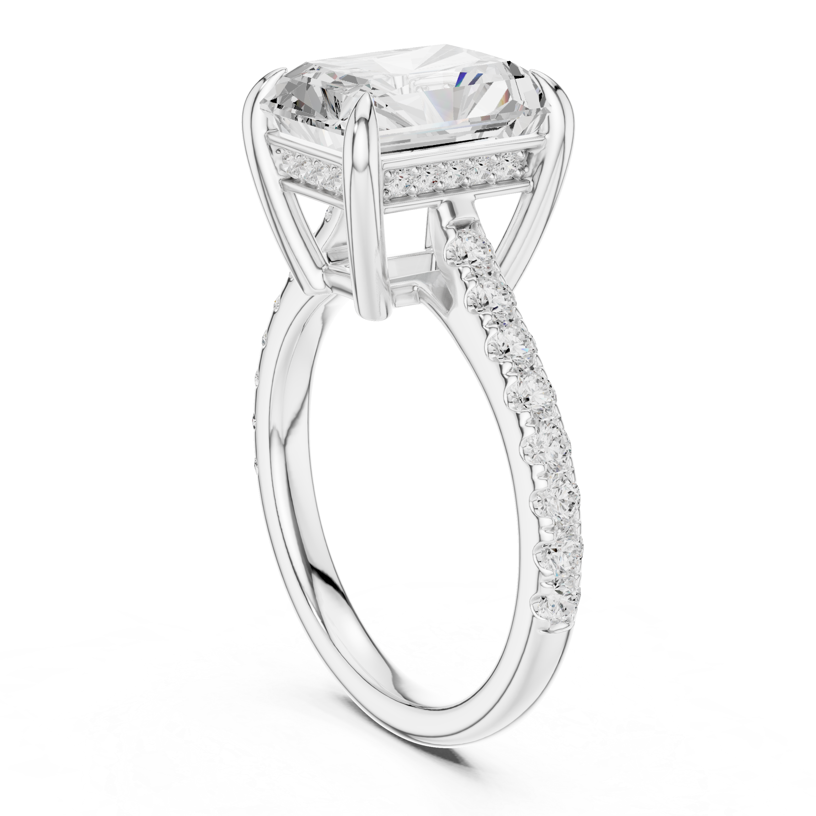 Pave Set Radiant Cut Diamond Hidden Halo Ring