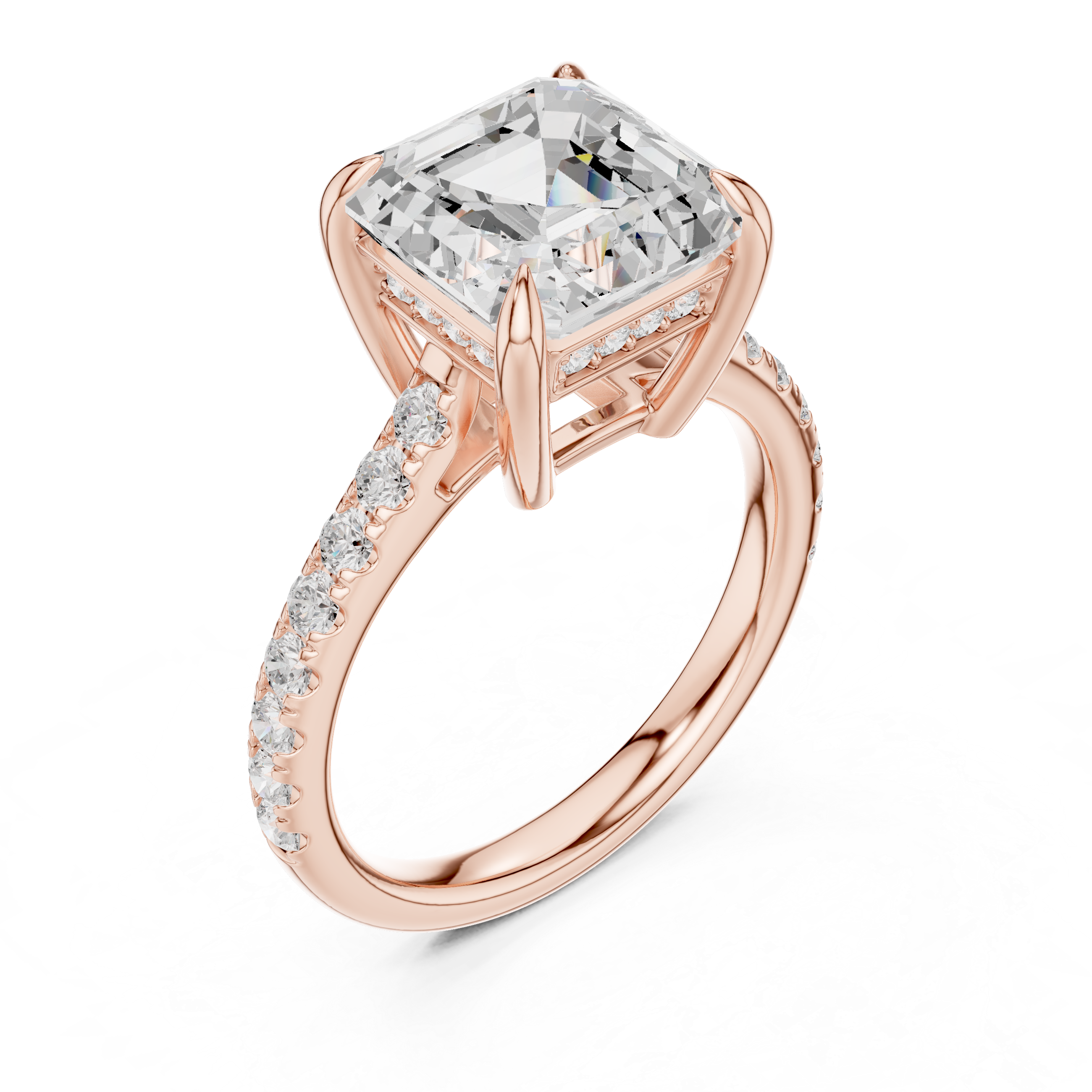 Pave Set Asscher Cut Diamond Hidden Halo Ring