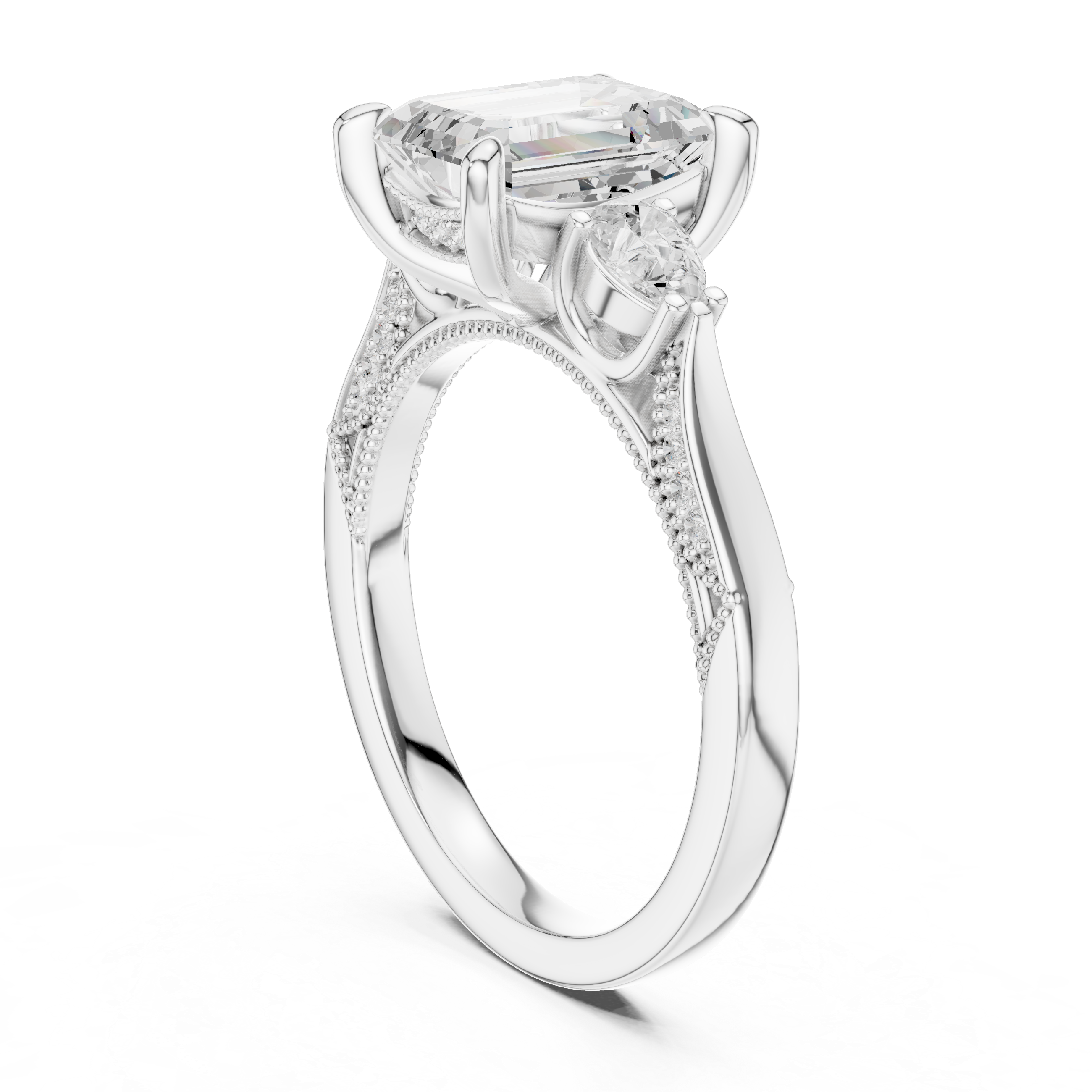 Emerald And Pear Cut Trilogy Milgrain Pave Set Ring