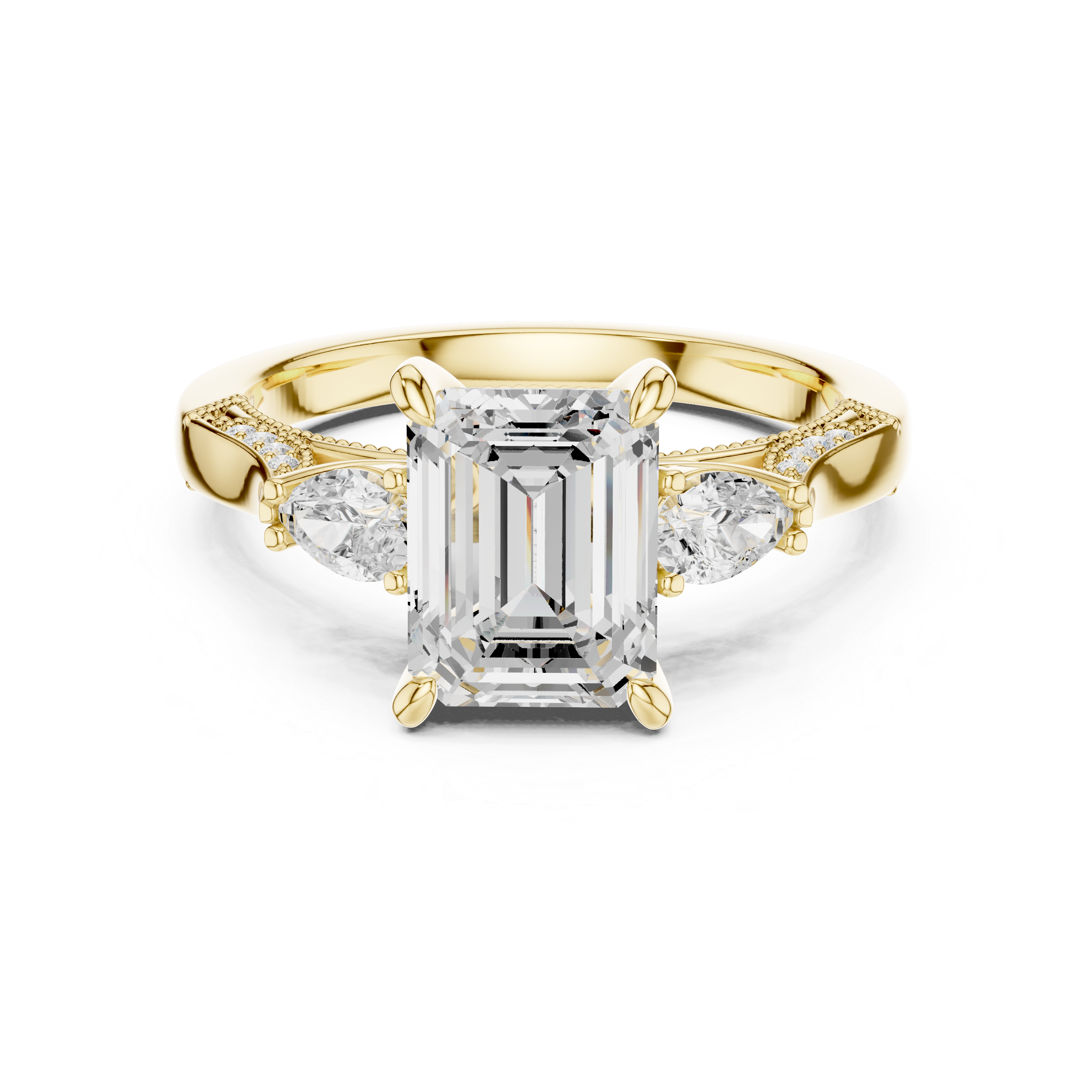Emerald And Pear Cut Trilogy Milgrain Pave Set Ring
