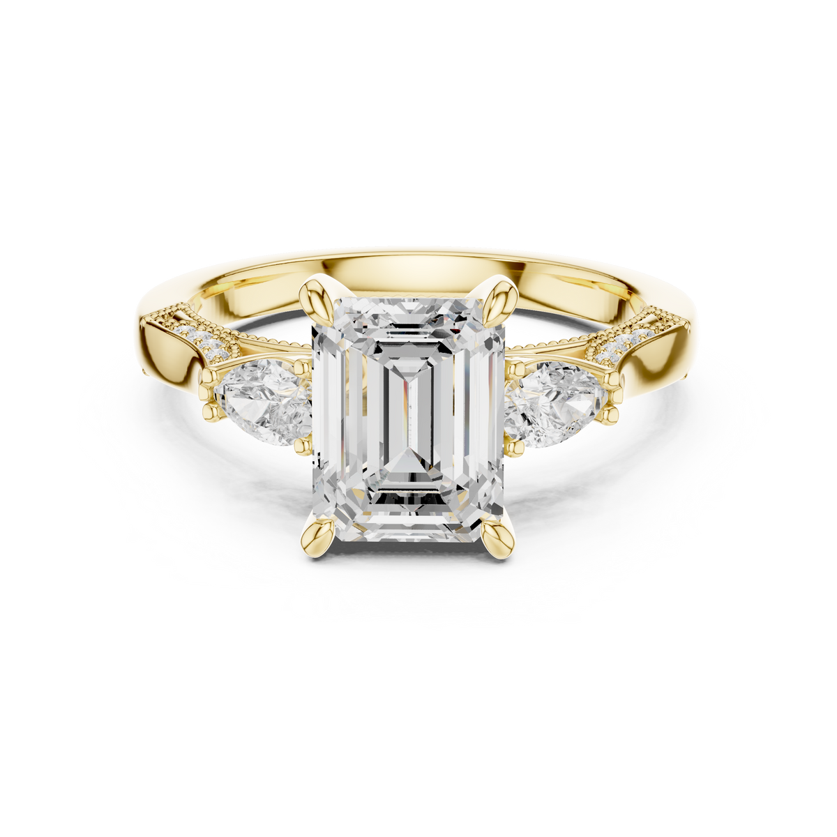 Emerald And Pear Cut Trilogy Milgrain Pave Set Ring