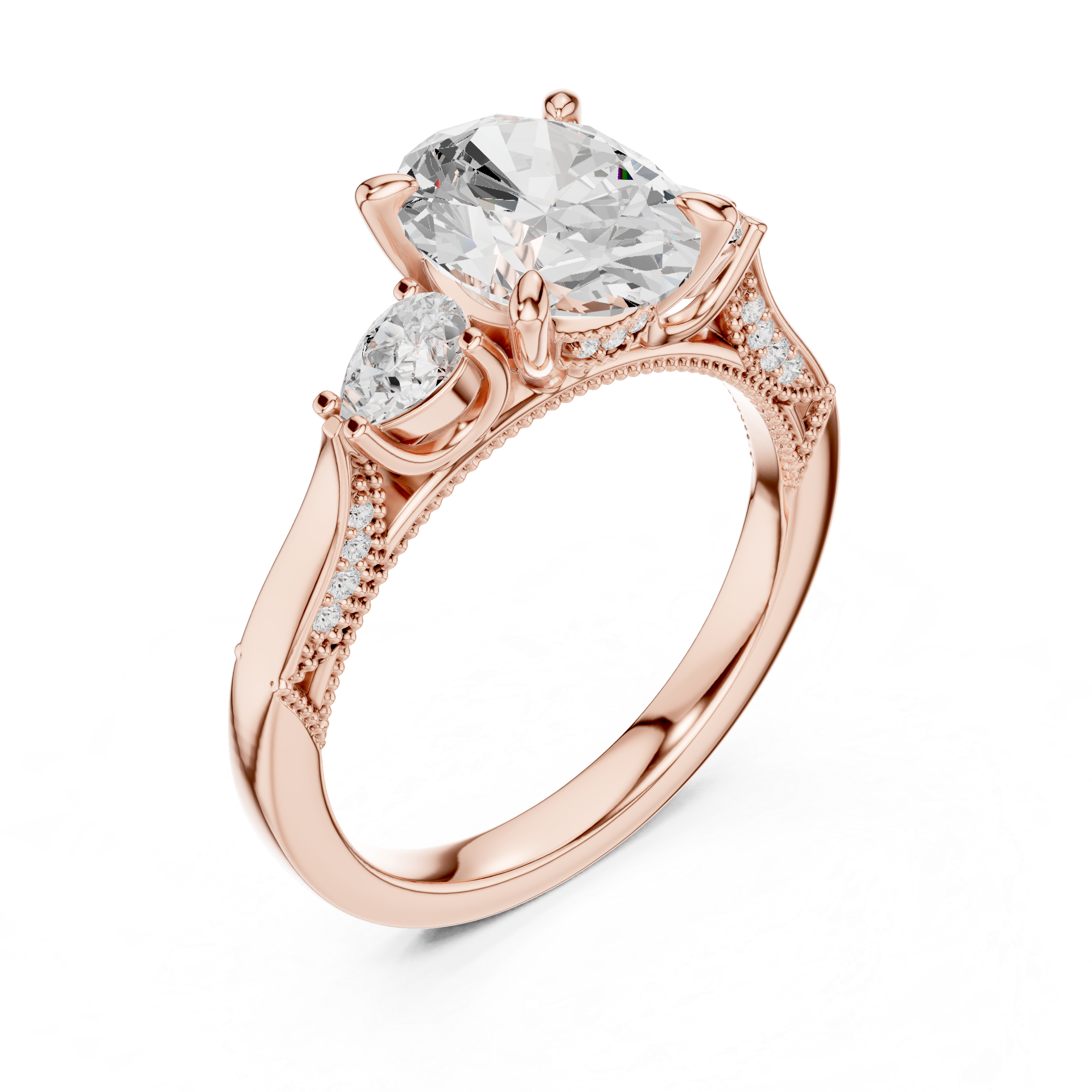 Oval And Pear Cut Trilogy Milgrain Pave Set Ring