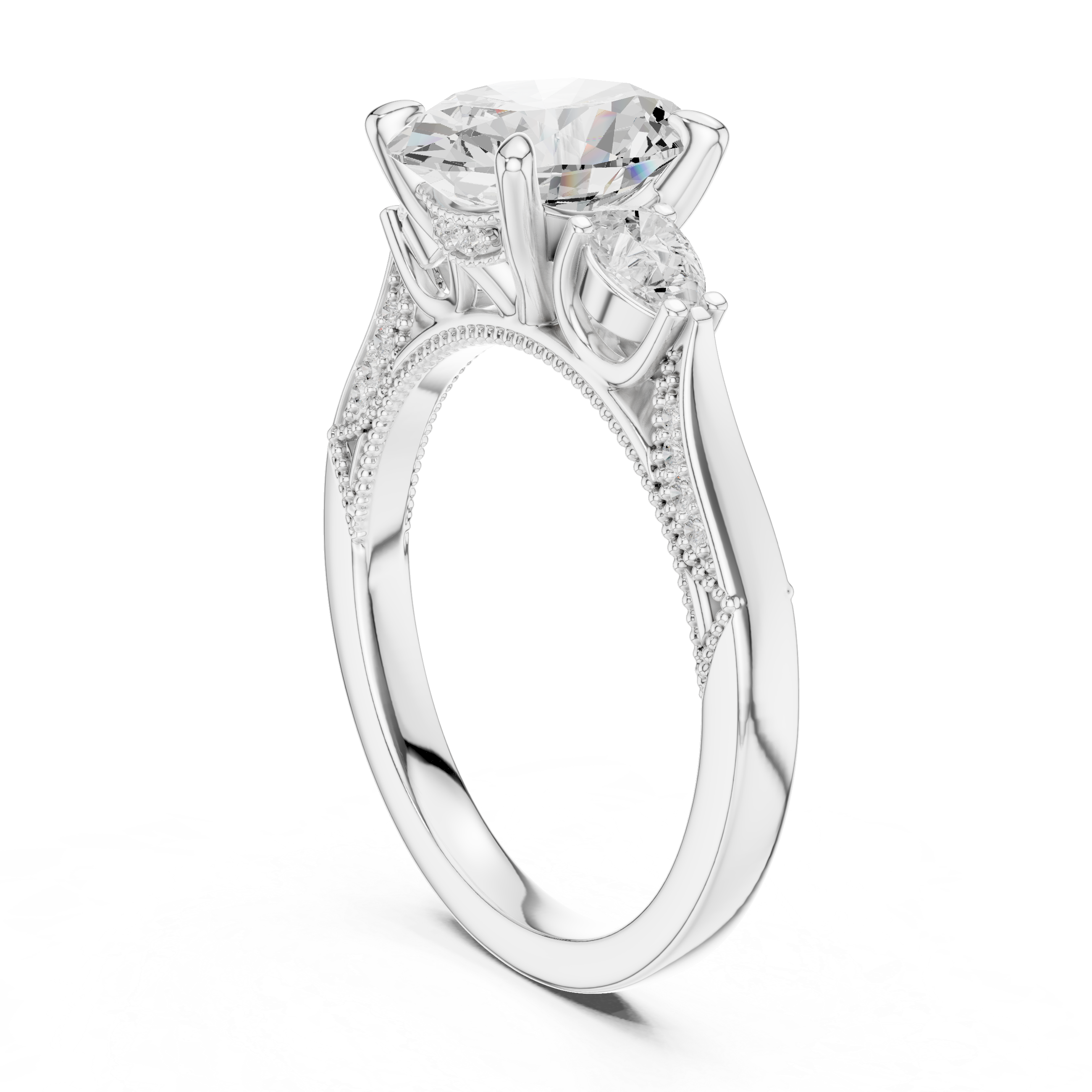 Oval And Pear Cut Trilogy Milgrain Pave Set Ring
