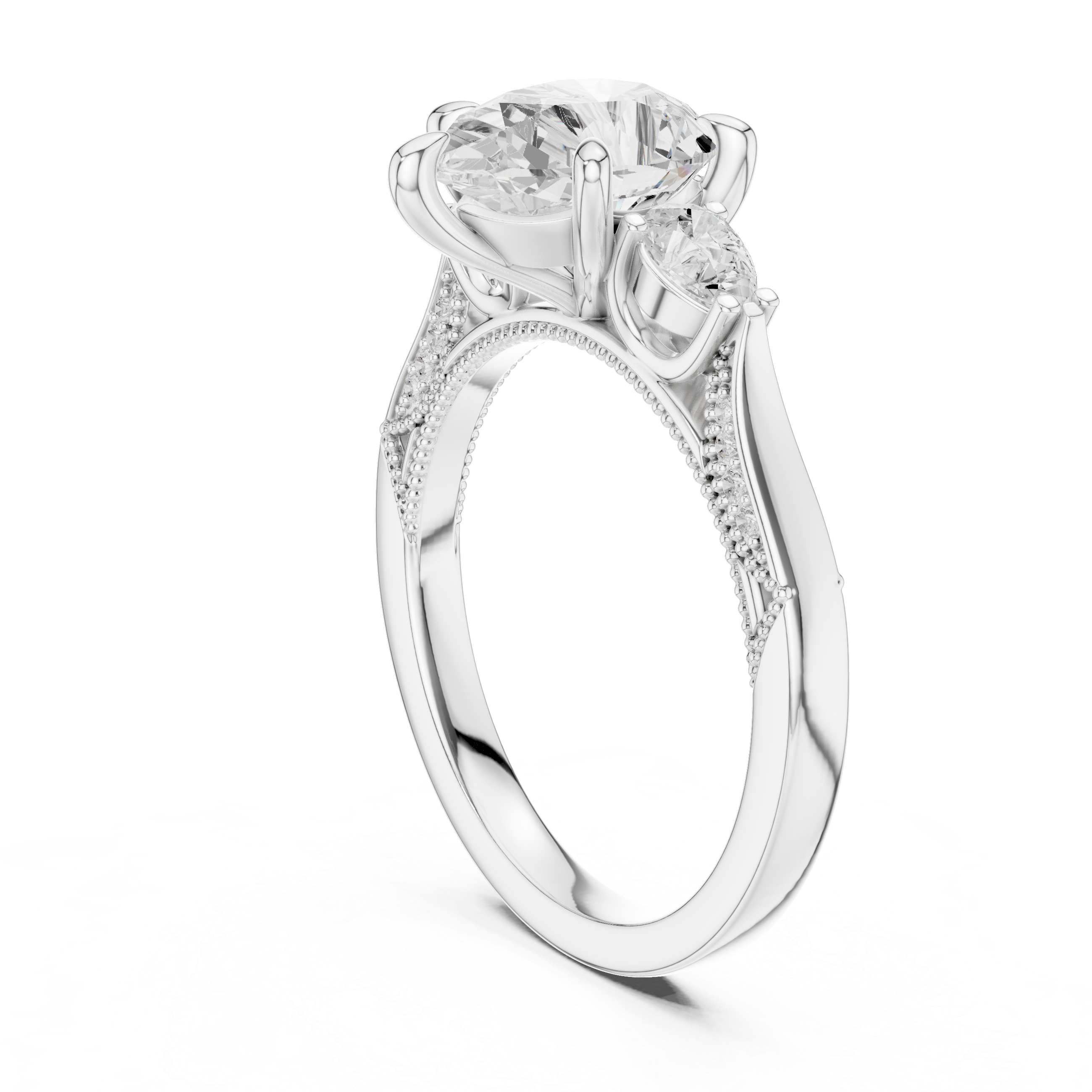 Pear And Pear Cut Trilogy Milgrain Pave Set Ring