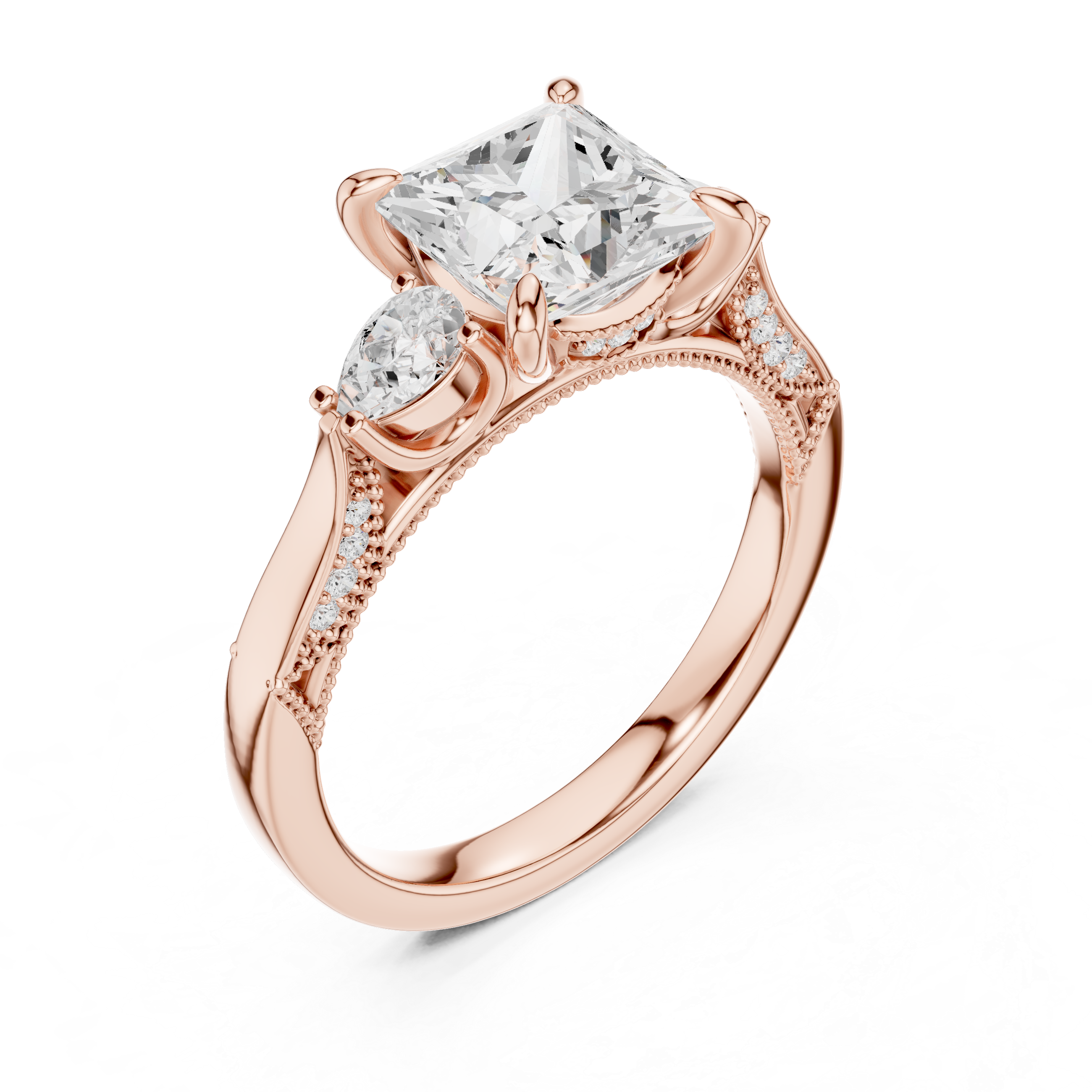 Princess And Pear Cut Trilogy Milgrain Pave Set Ring