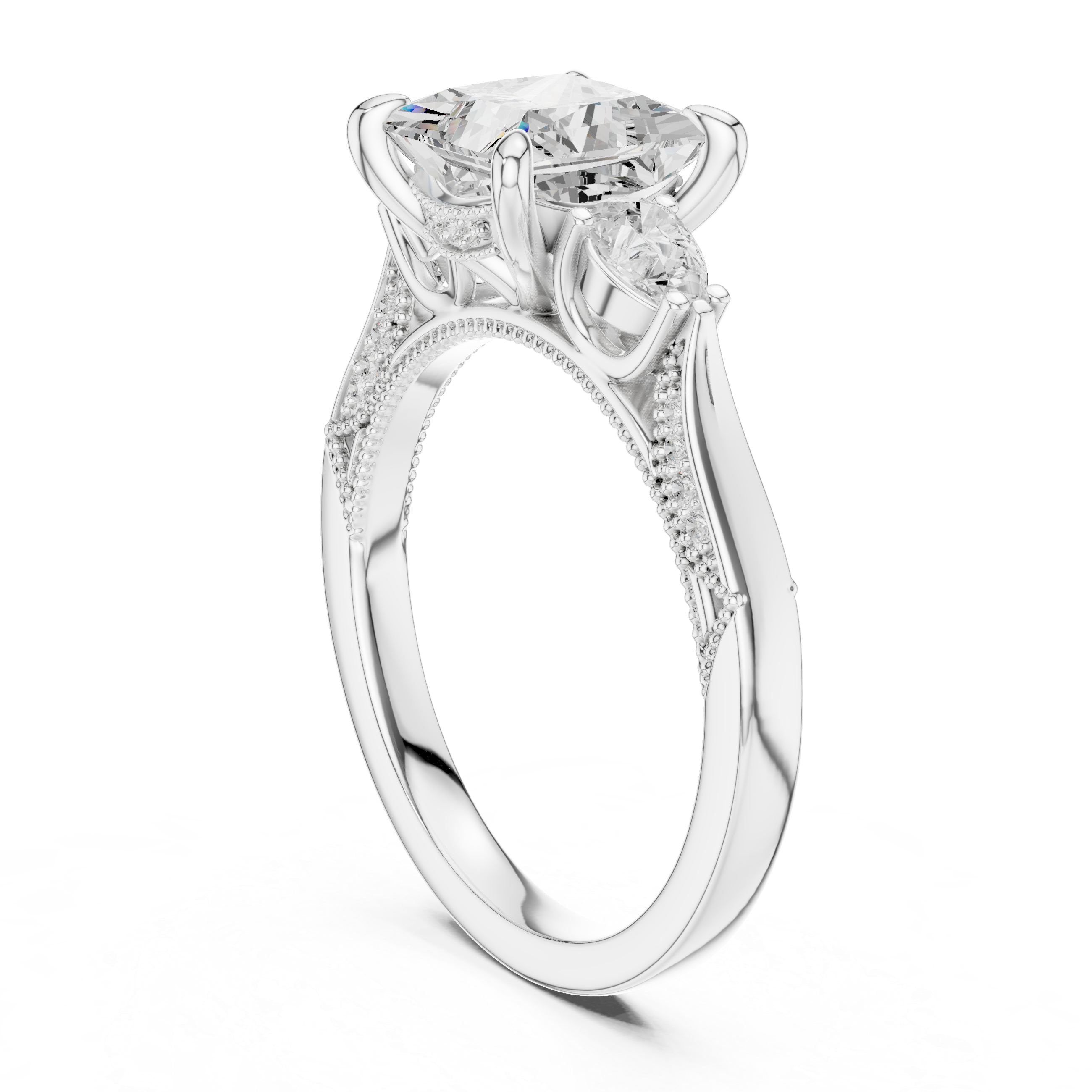 Princess And Pear Cut Trilogy Milgrain Pave Set Ring