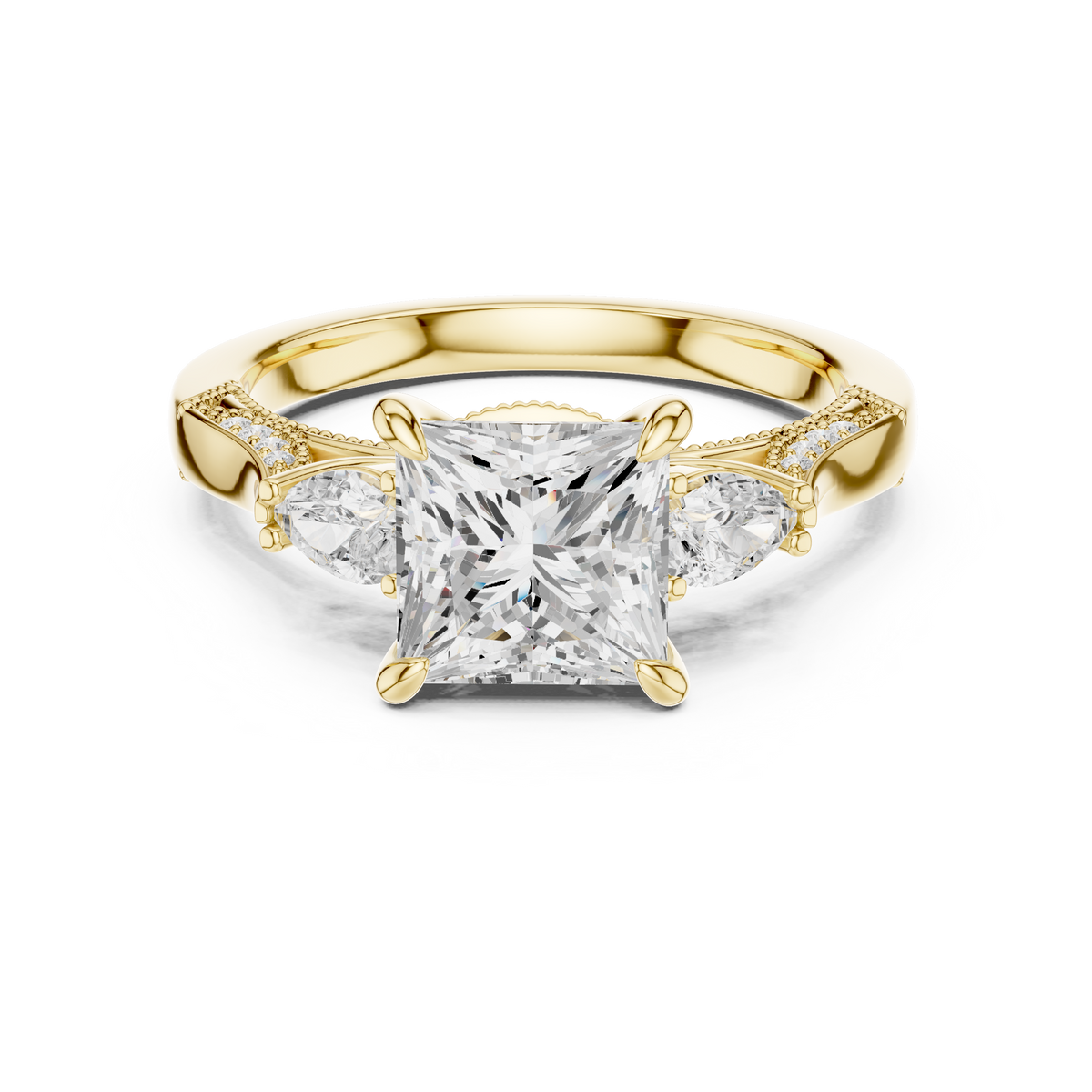 Princess And Pear Cut Trilogy Milgrain Pave Set Ring