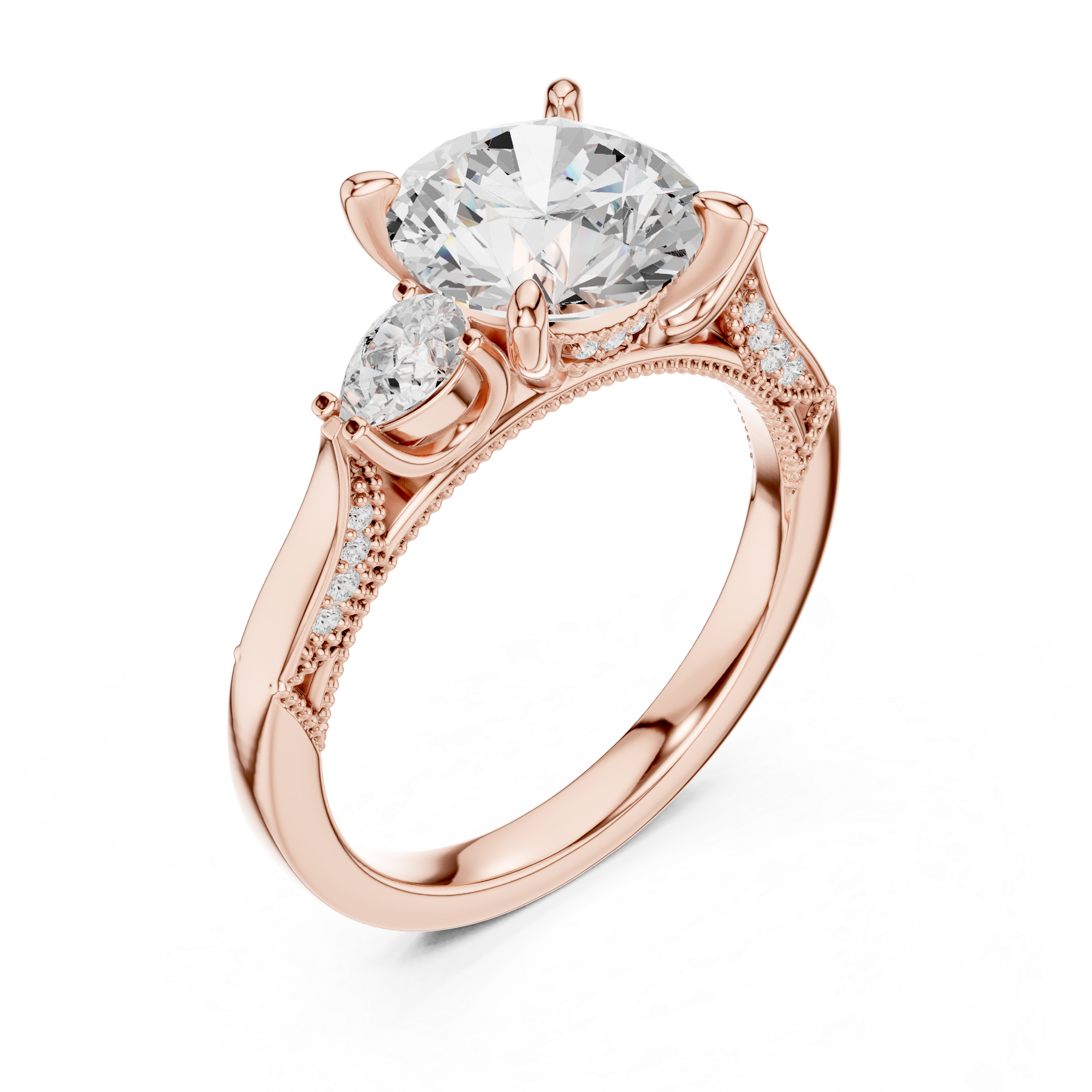 Round And Pear Cut Trilogy Milgrain Pave Set Ring