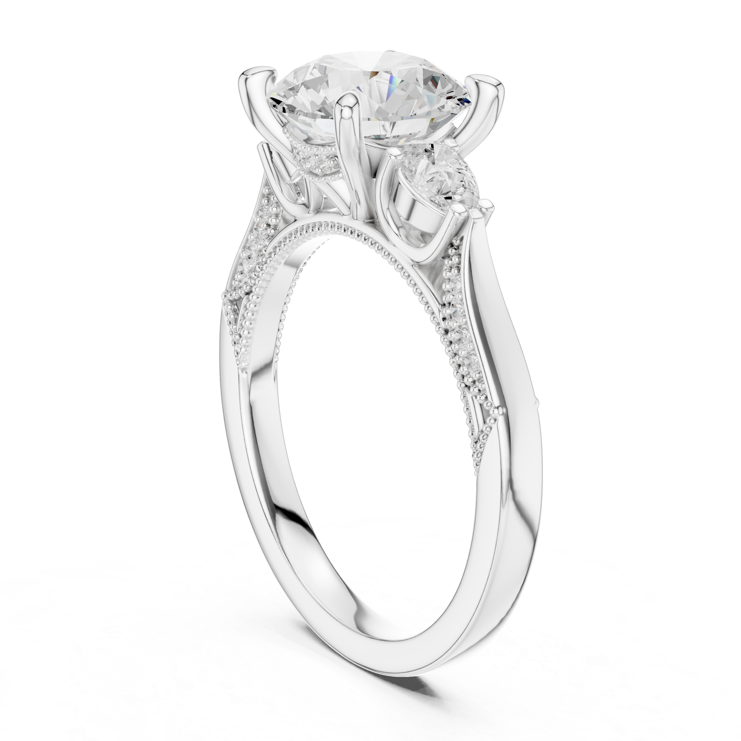 Round And Pear Cut Trilogy Milgrain Pave Set Ring