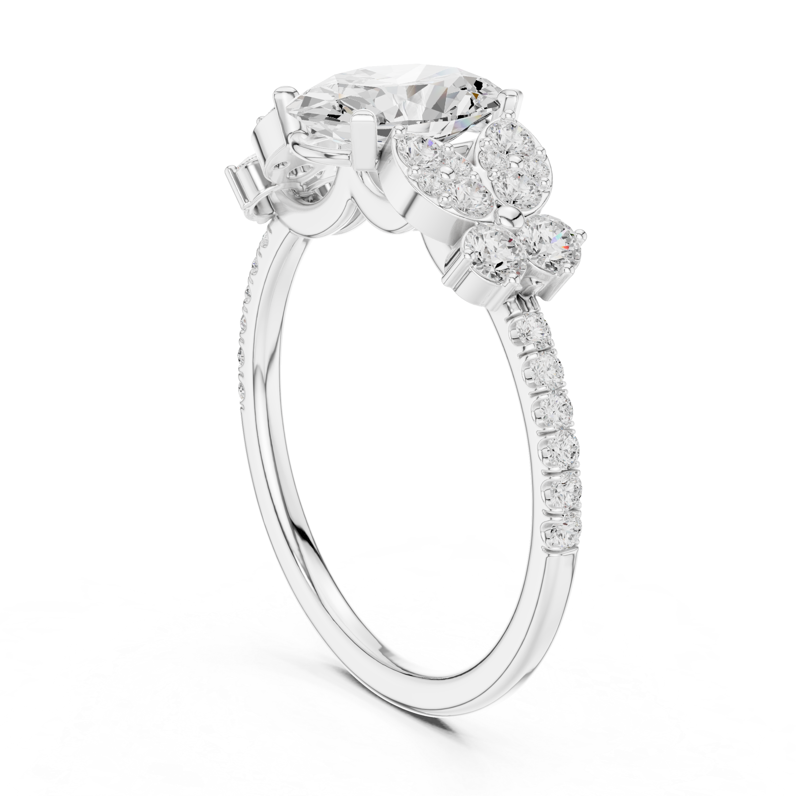 Oval Cut Diamond Floral Cluster Accents Engagement Ring